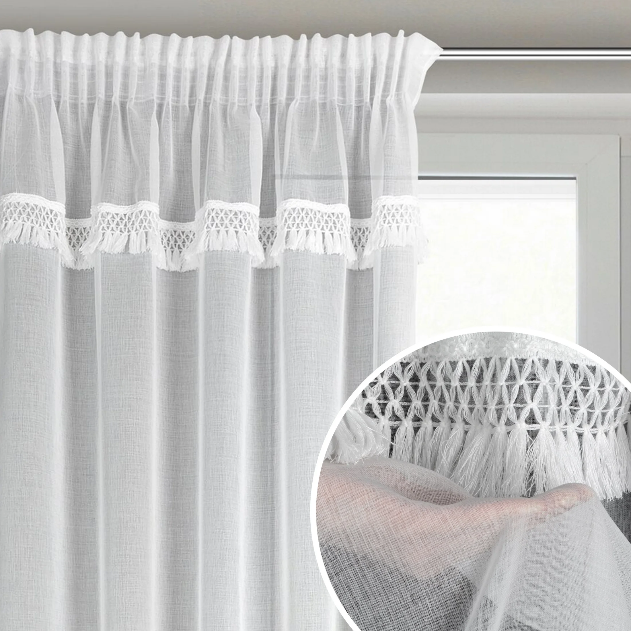 Firana biała z etaminy zdobiona subtelnym pasem frędzli w stylu eko 140x270 cm taśma KIRA 1 | eurofirany