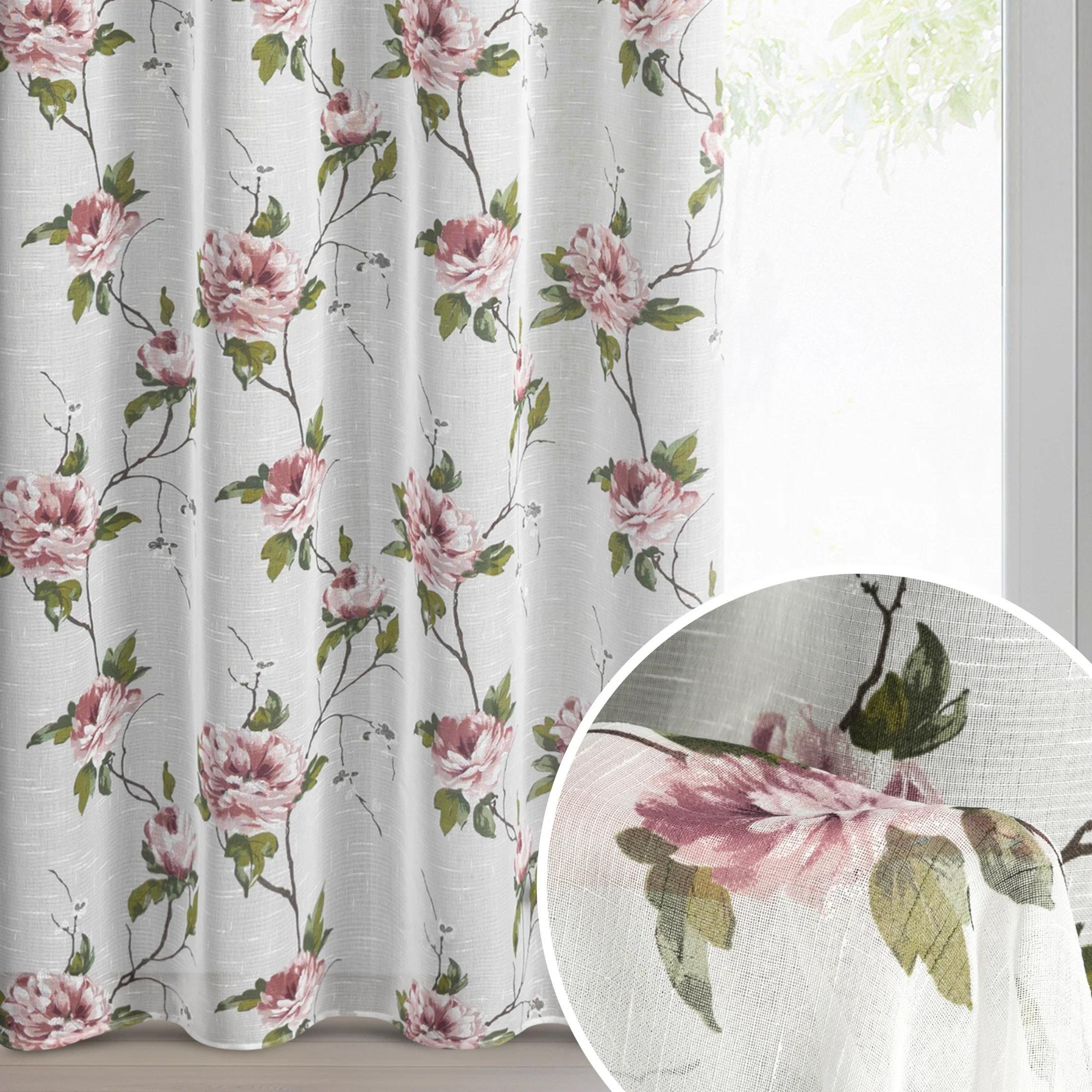 Zasłona biało, różowa z etaminy zdobiona nadrukiem pnących kwiatów 135x250 cm przelotki - RUTH | eurofirany