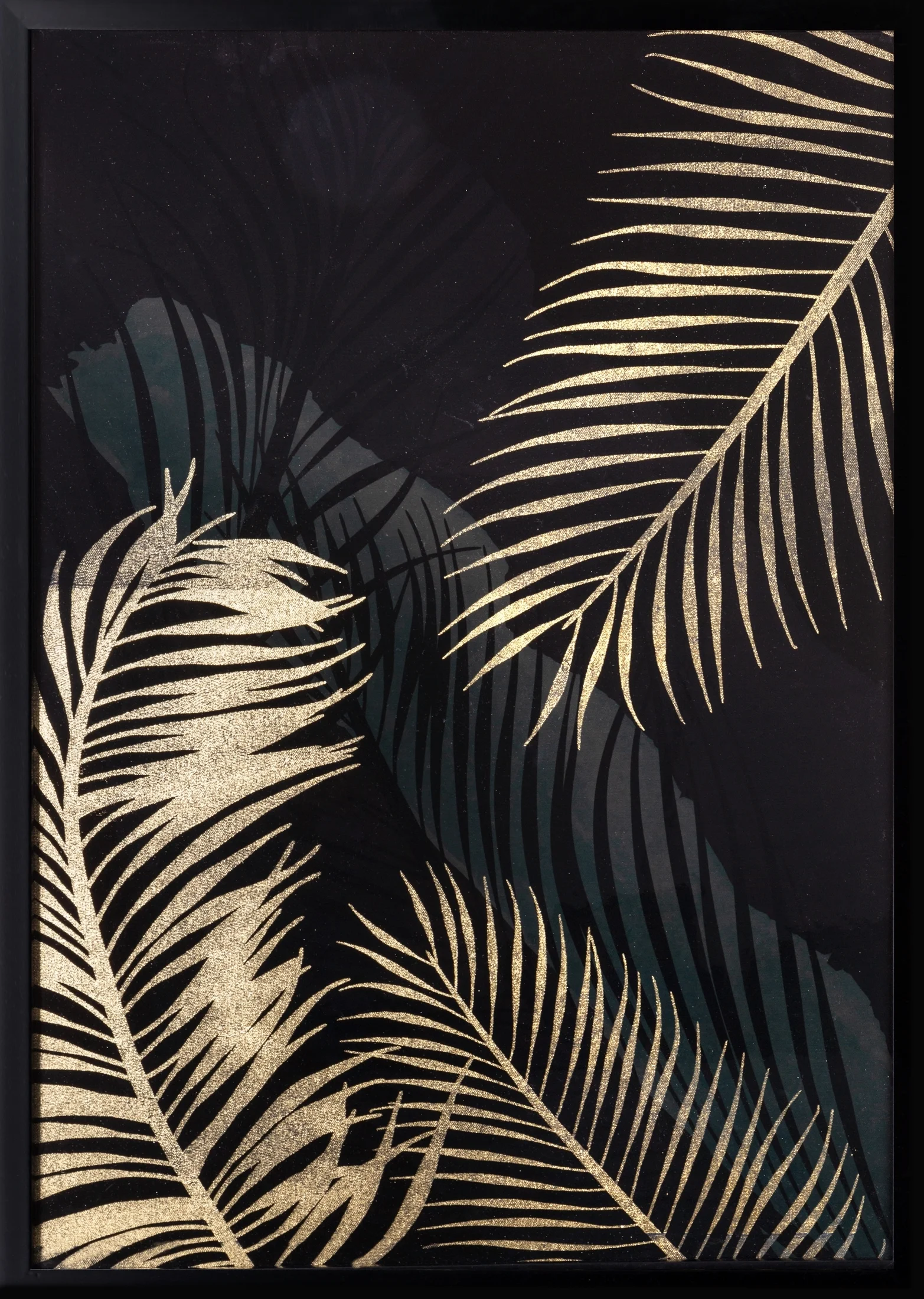 Obraz z nadrukiem błyszczących złotych liści w czarnej ramce | eurofirany