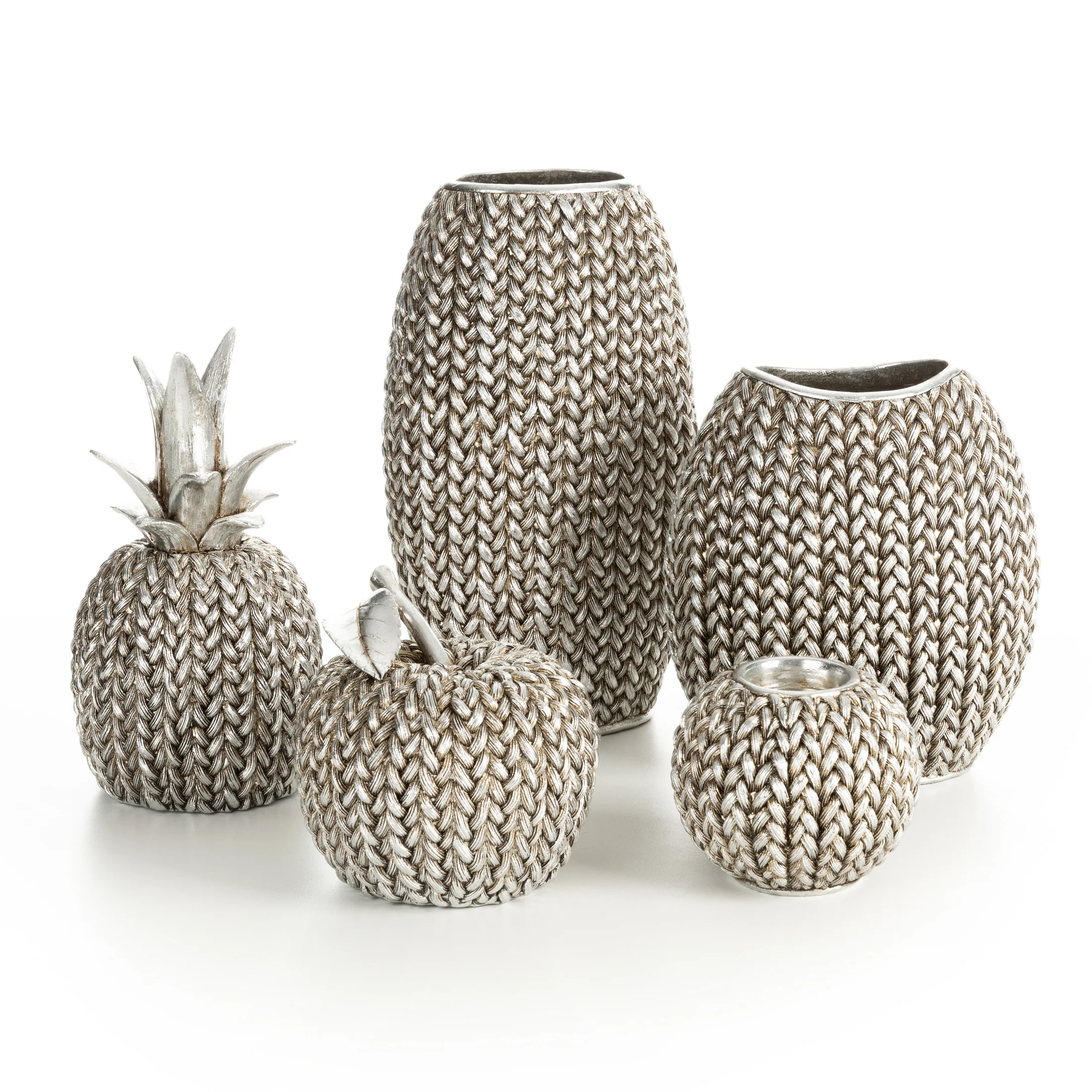 Wazon srebrny dekoracyjny zdobiony wzorem plecionego sweterka 18x12x20 cm MOLI