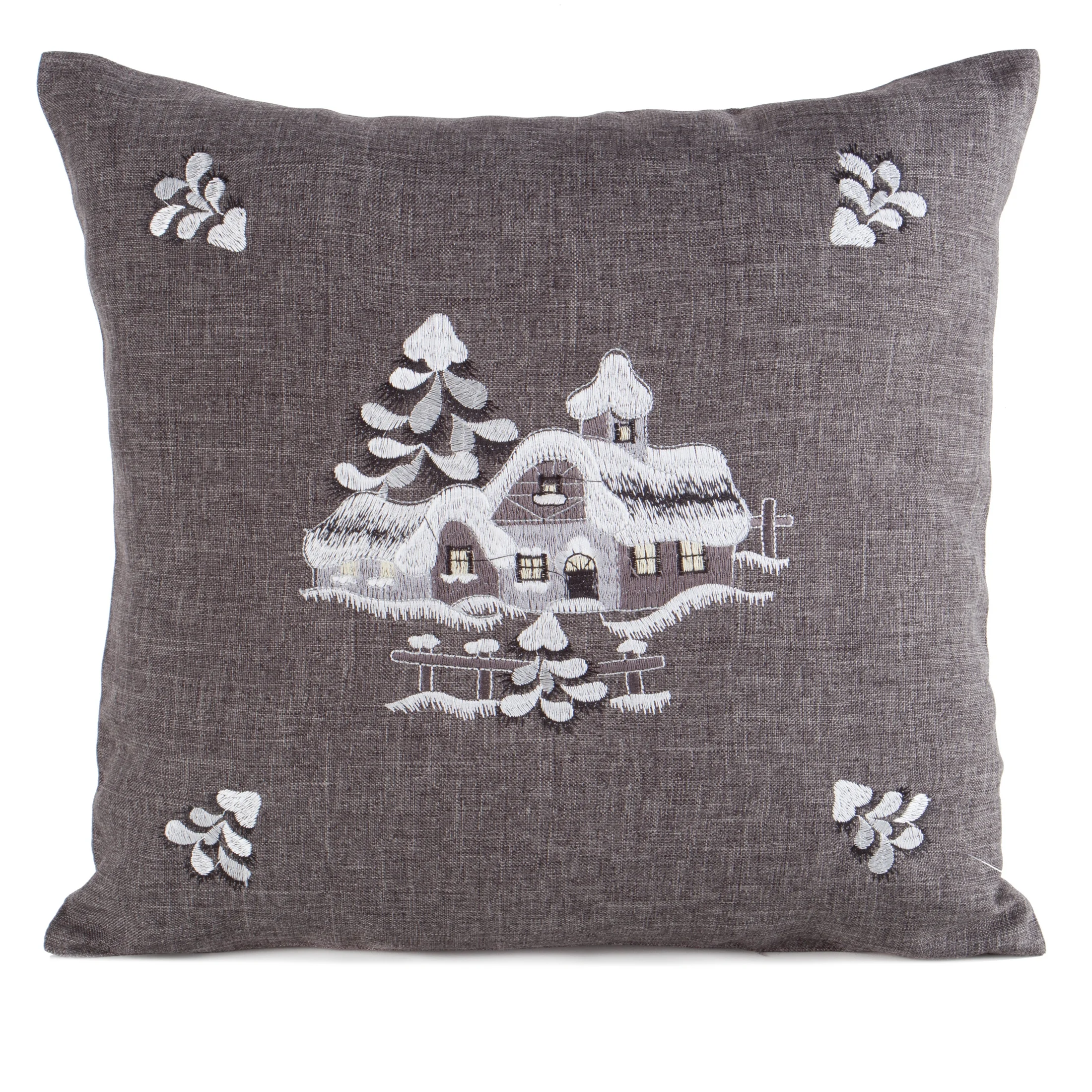 Poszewka na poduszkę świąteczna 45x45 cm stalowo, srebrna o naturalnym splocie z haftowaną aplikacją | eurofirany