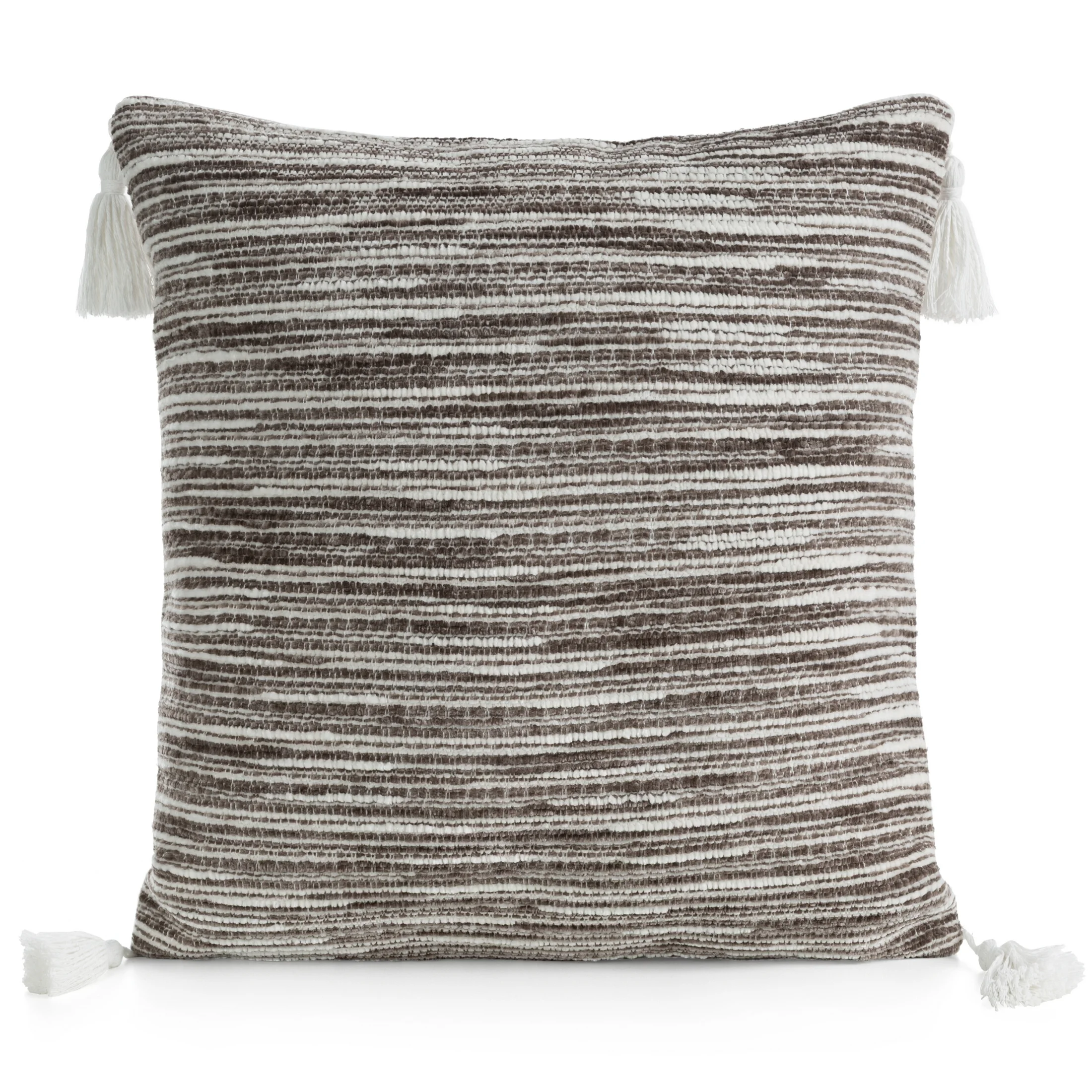 Poszewka na poduszkę 45x45 cm ciemnobeżowa z szenilowej tkaniny z ozdobnymi chwostami ENID | eurofirany