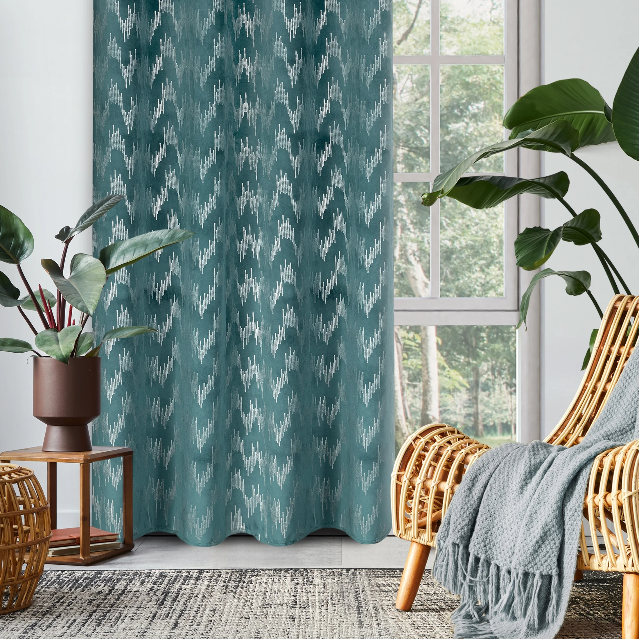Zasłona welwetowa turkusowa ze srebrnym nadrukiem 140x250 cm przelotka - ACHILL | eurofirany