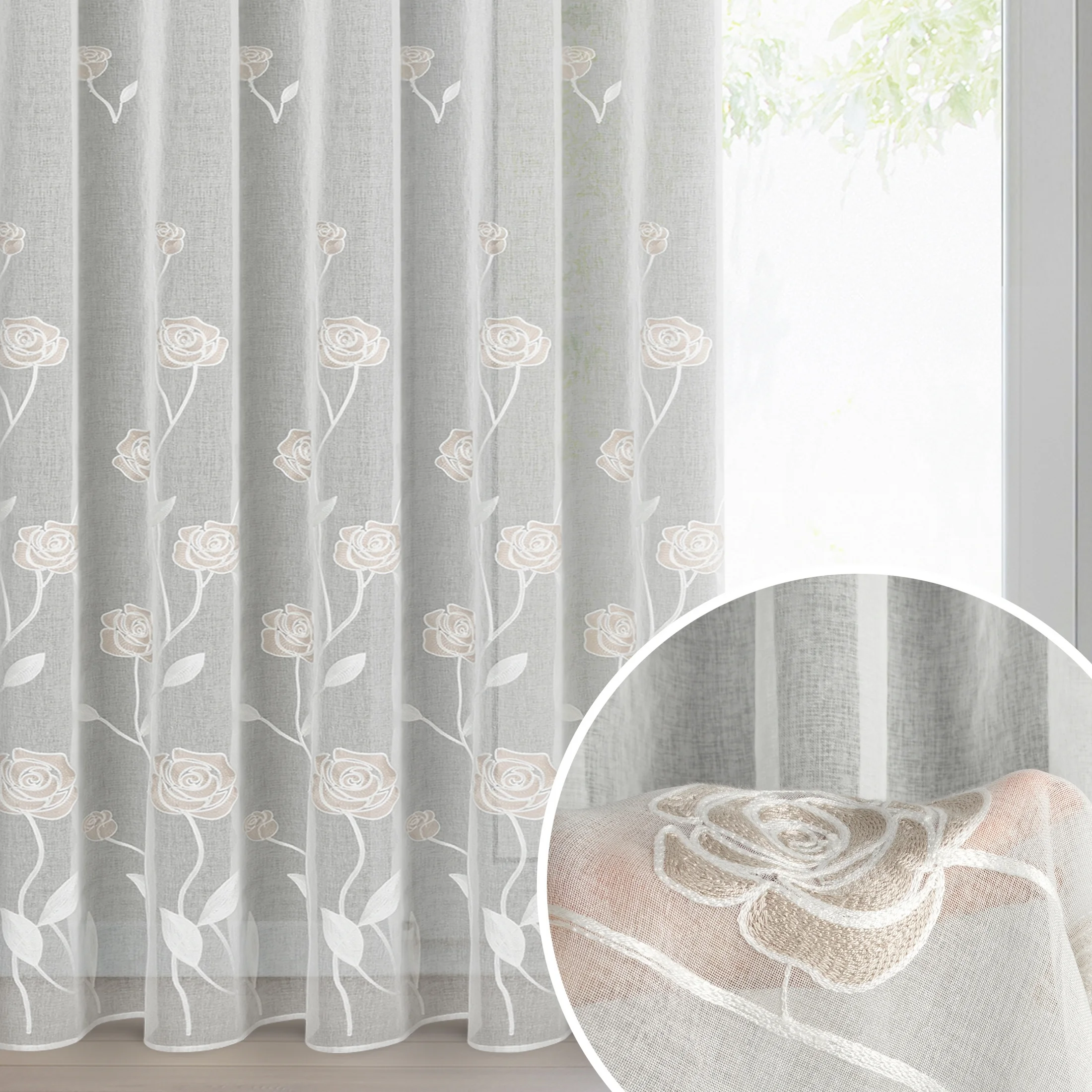 Firana kremowo, beżowa z etaminy zdobiona haftem róż 140x270 cm taśma - ROSALY | eurofirany