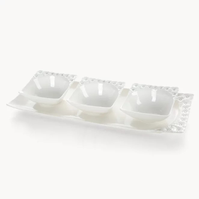 Komplet patera + 3 miseczki dekoracyjna biała zdobiona w drobne kwiaty z błyszczącym wykończeniem 40x16x5 cm ELISA