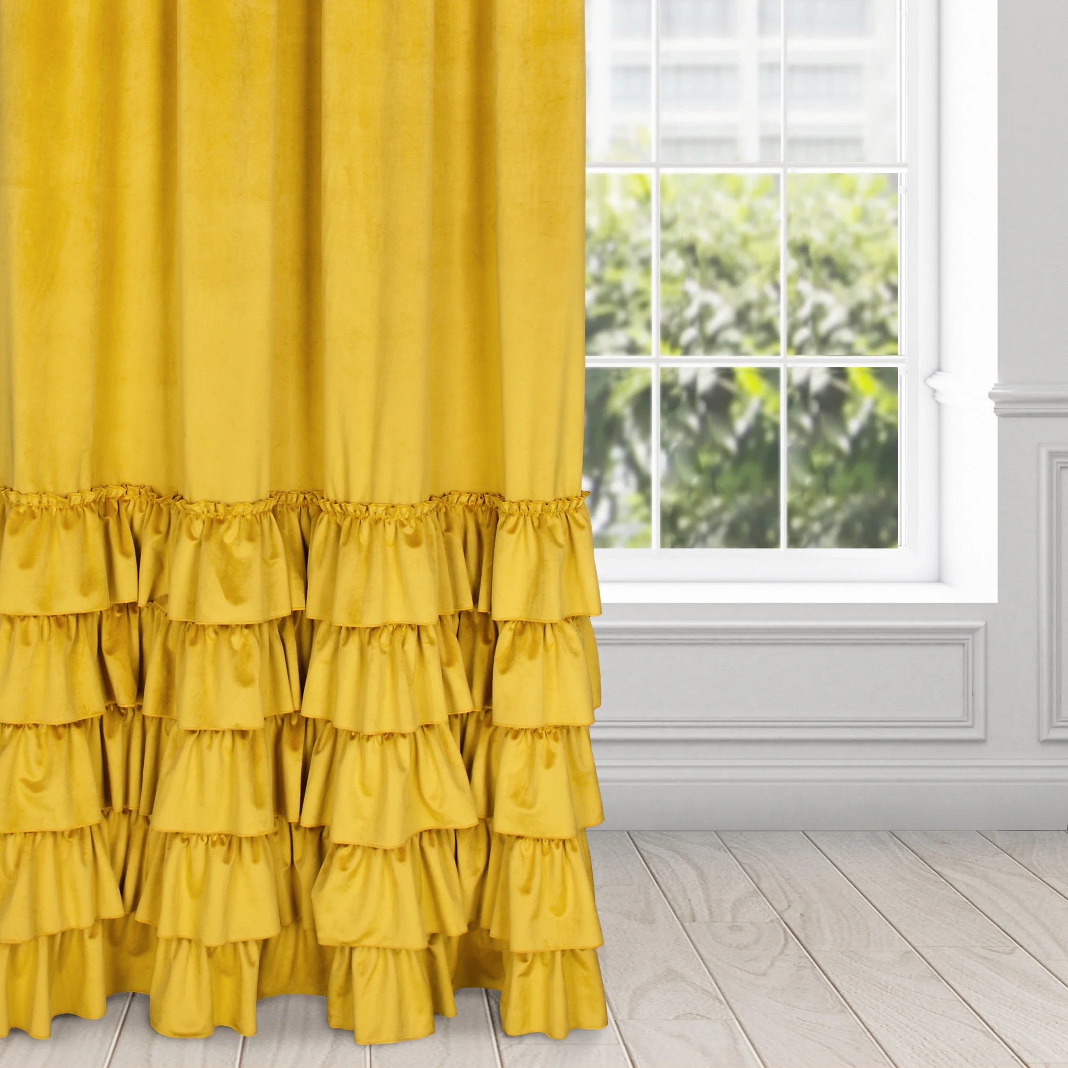 Zasłona welwetowa musztardowa zdobiona falbanami 140x250 cm taśma - CHARLOTTE | eurofirany