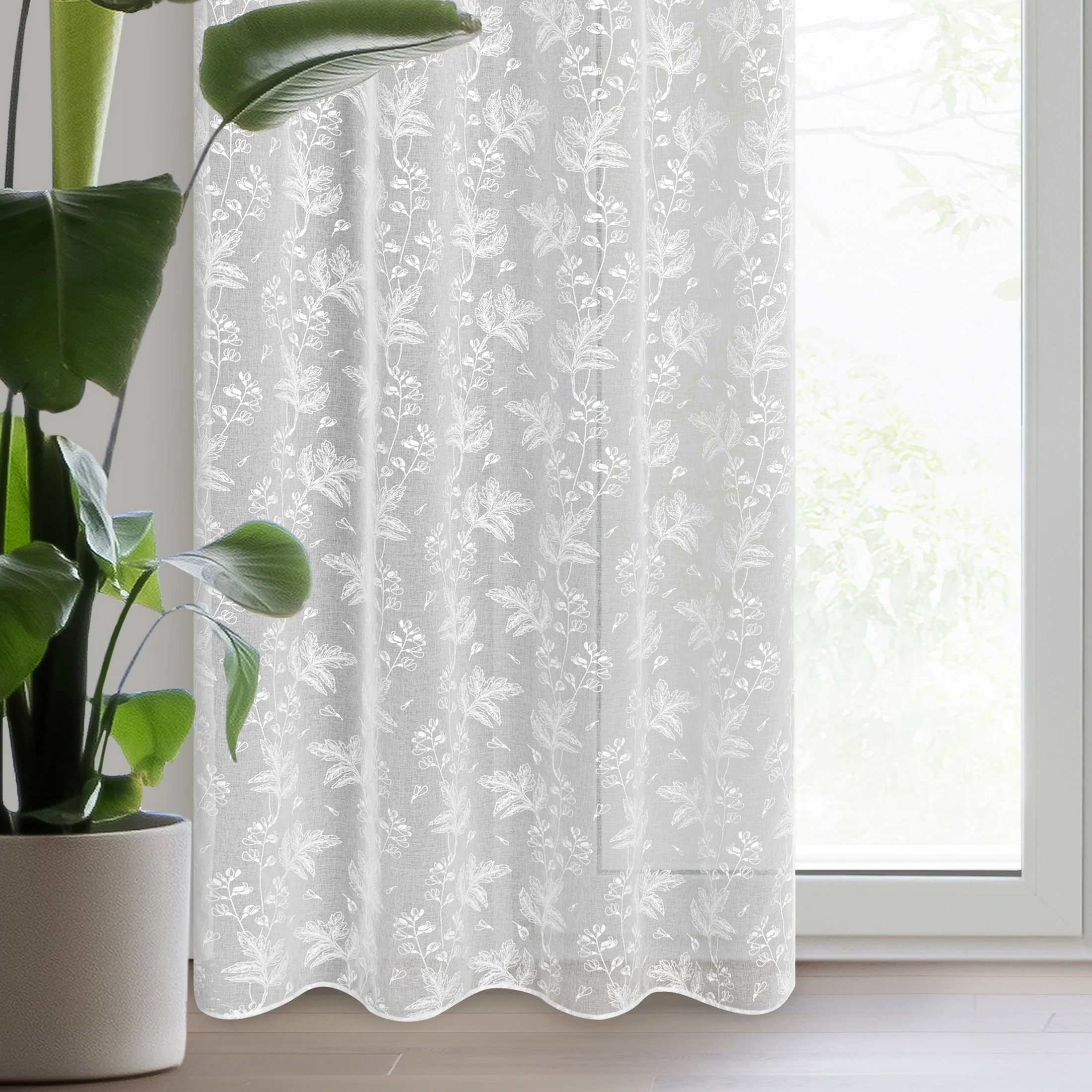 Firana biała z półtransparentnej etaminy z motywem gałązek 140x260 cm przelotka SERENA | eurofirany