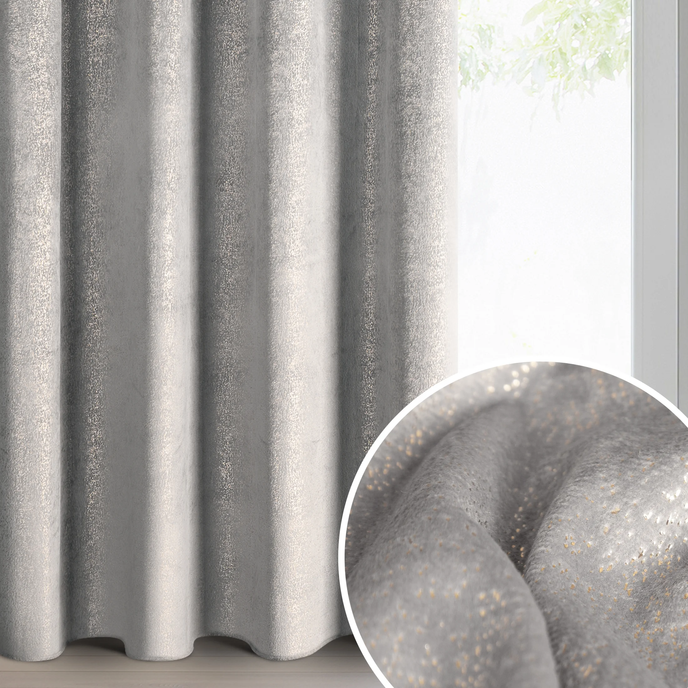 Zasłona srebrno, złota z welwetu zdobiona błyszczącym nadrukiem 135x250 cm złote przelotki - BETHY | eurofirany