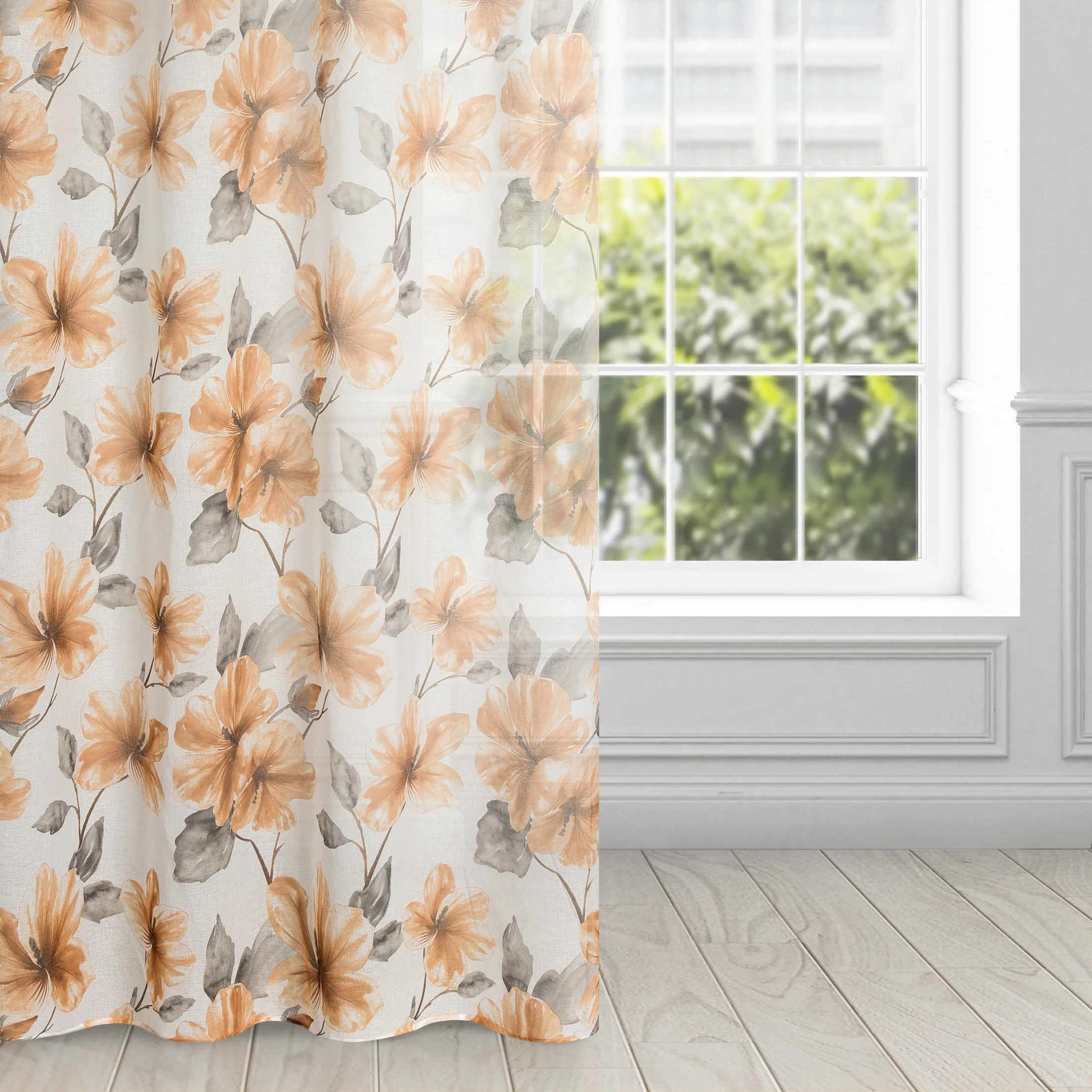 Dekoracja okienna biało, ruda z lekkiej etaminy z nadrukiem kwiatów, półtransparentna 140x250 cm przelotka SOFIA | eurofirany