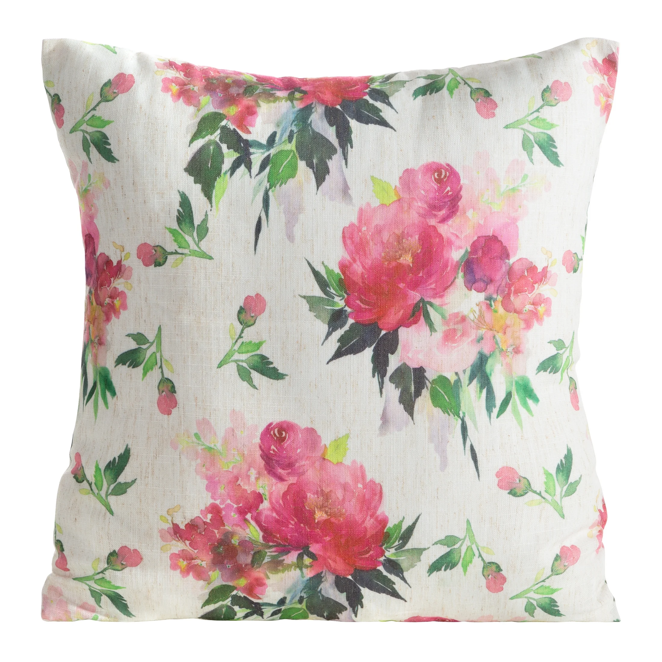 Poszewka na poduszkę 45x45 cm o strukturze lnu naturalno, różowa zdobiona nadrukiem kwiatów WIOSNA 66 | eurofirany