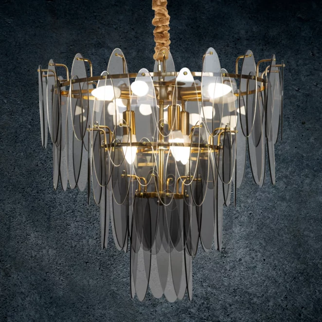 Lampa wisząca do salonu transparentno, złota ze szklanymi zawieszkami z dymionego szkła, z regulacją wysokości 60 x 150 cm MARLA