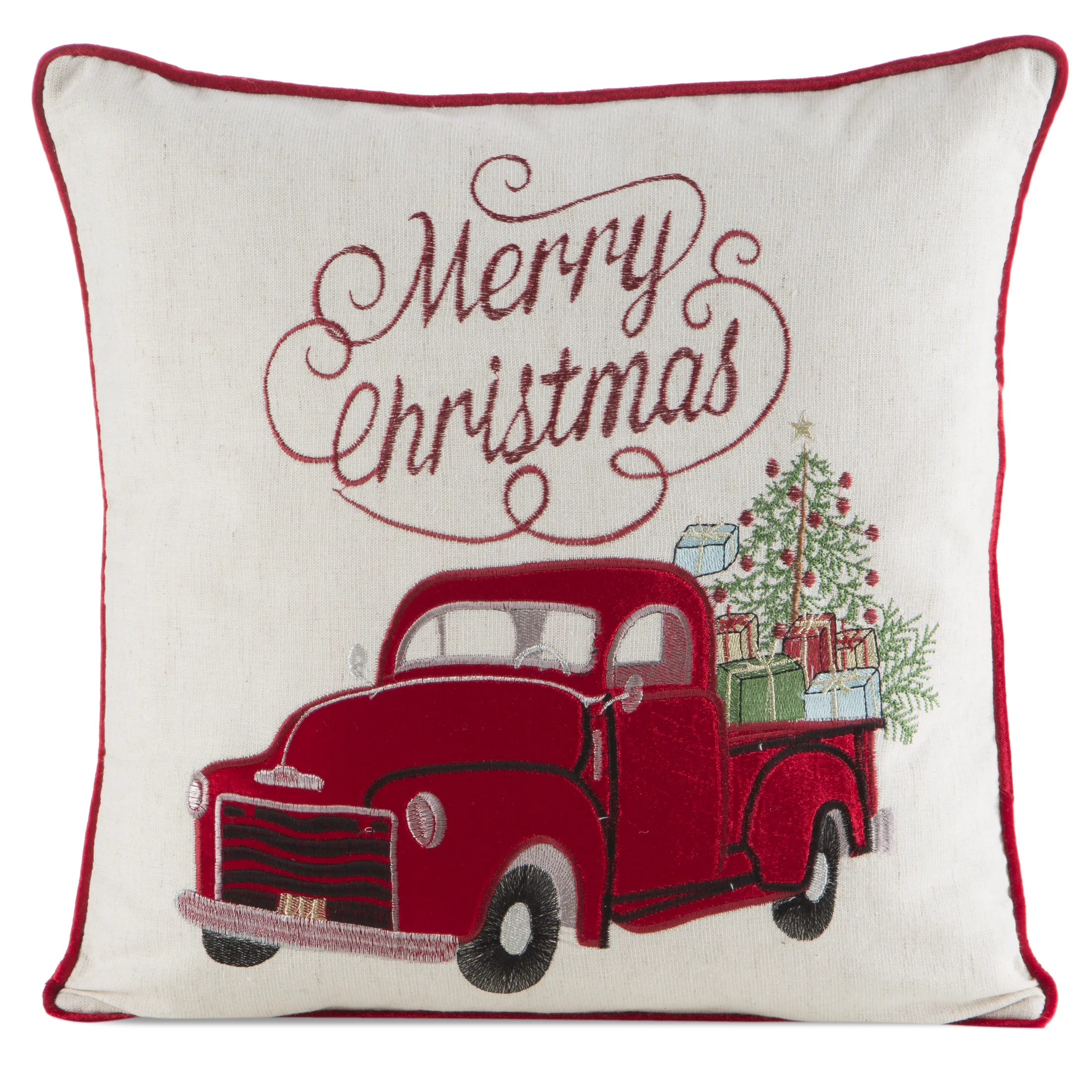 Poszewka na poduszkę świąteczna 45x45 cm kremowo, czerwona zdobiona uroczym haftem | eurofirany