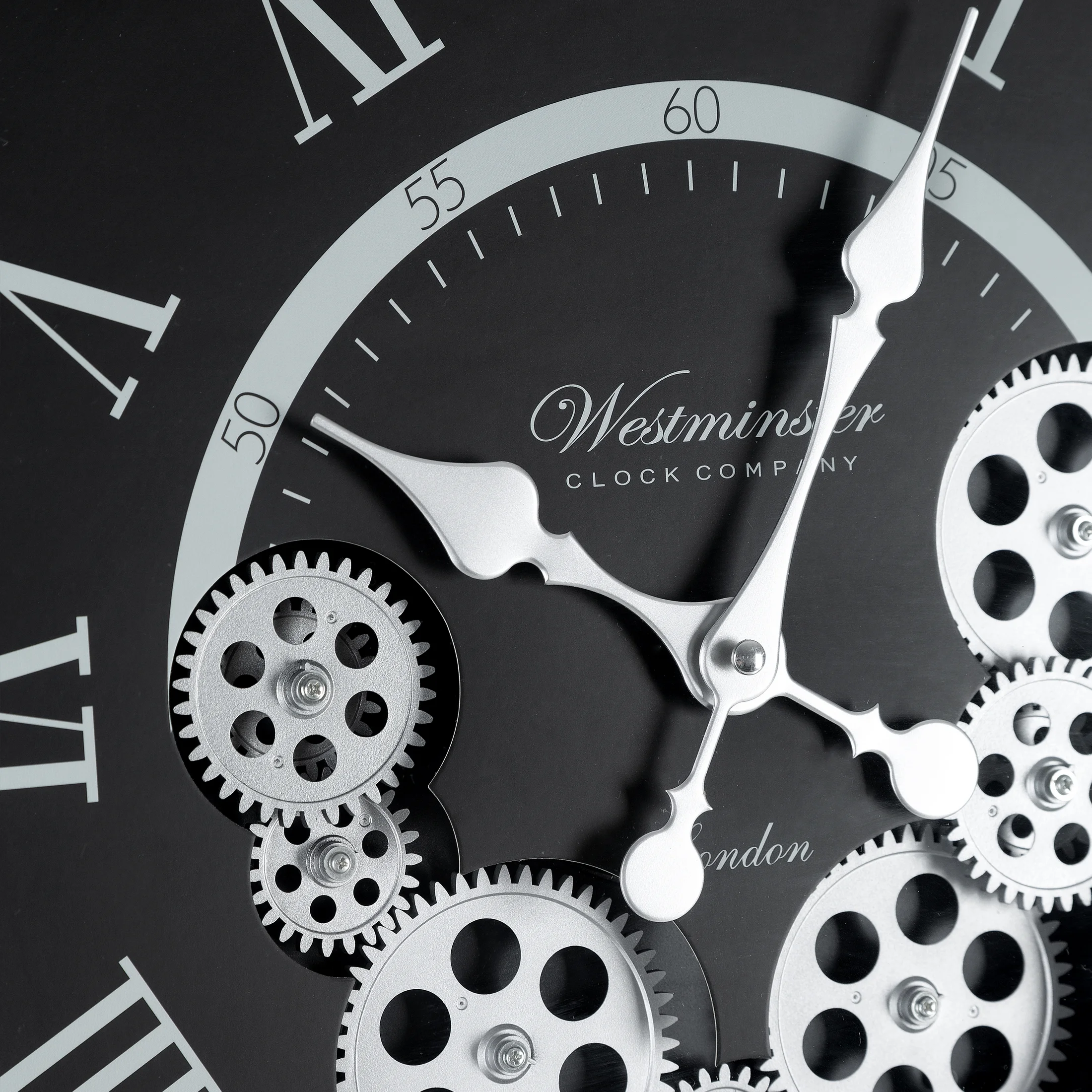 Zegar ścienny czarno-srebrny w stylu retro z ruchomymi kołami zębatymi średnica 48x8 cm
