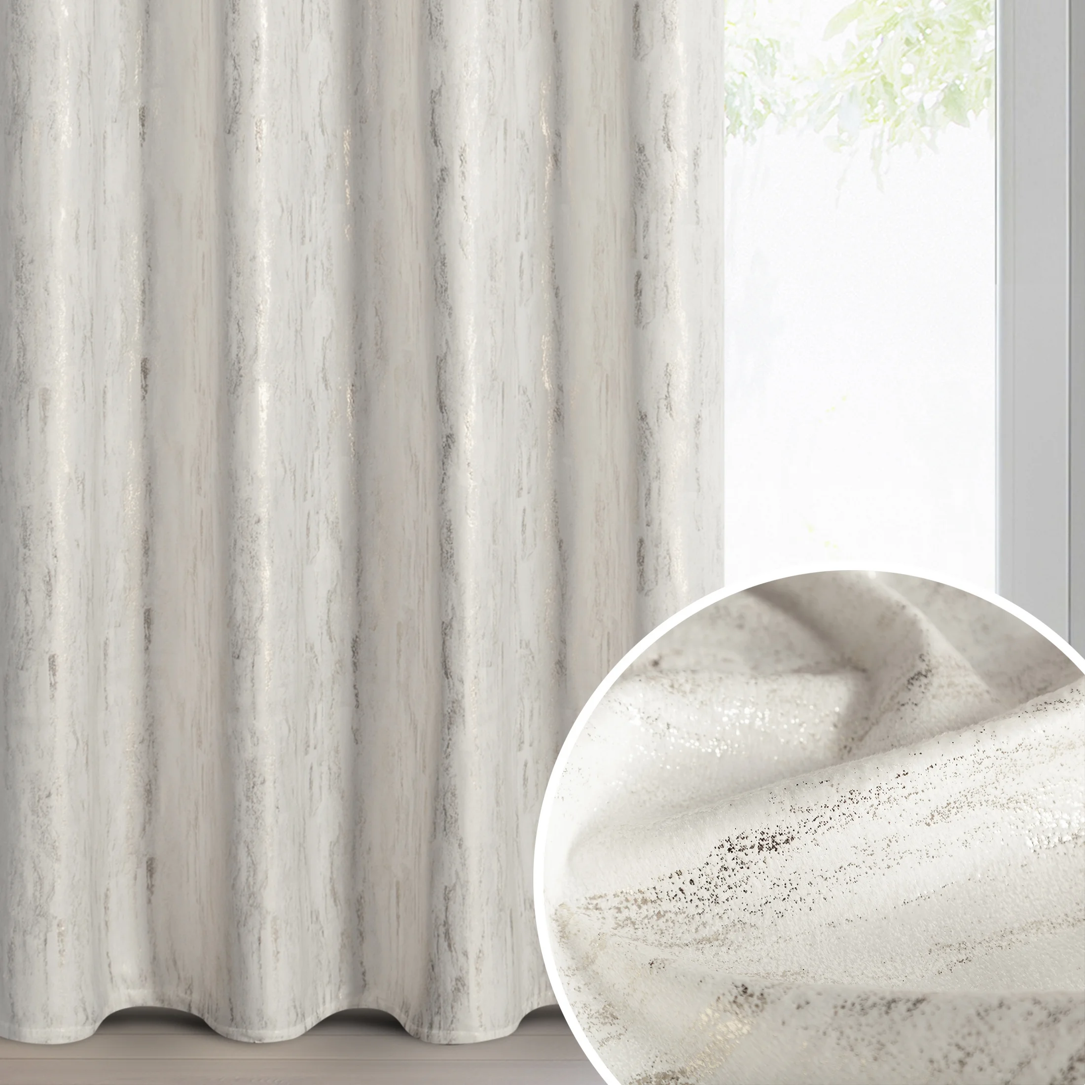 Zasłona biało, złota z aksamitnego welwetu zdobiona przecieranym nadrukiem 140x250 cm złota przelotka - ARNITA | eurofirany