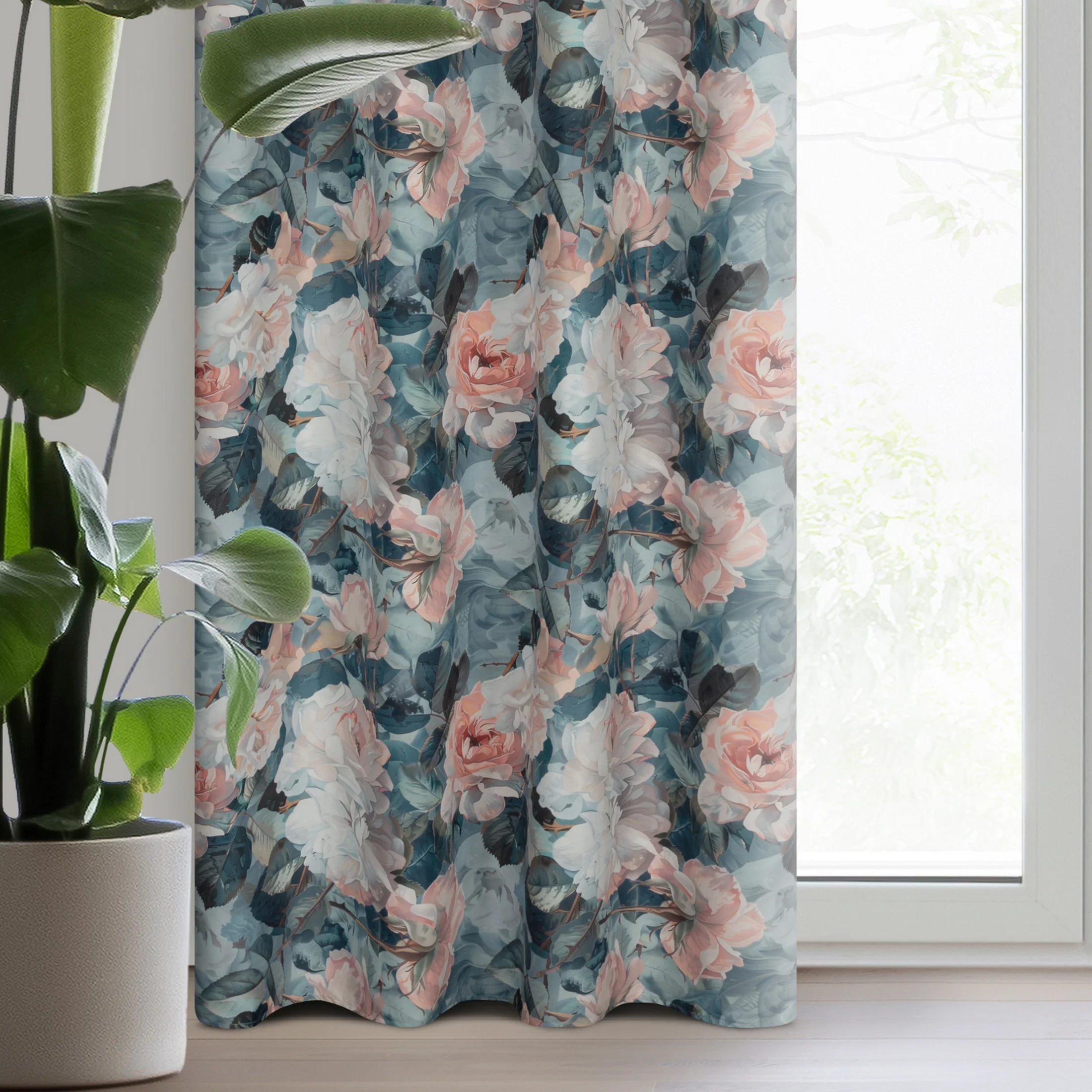 Zasłona turkusowo, różowa zdobiona nadrukiem kwiatów 140x250 cm przelotka - MIREI | eurofirany