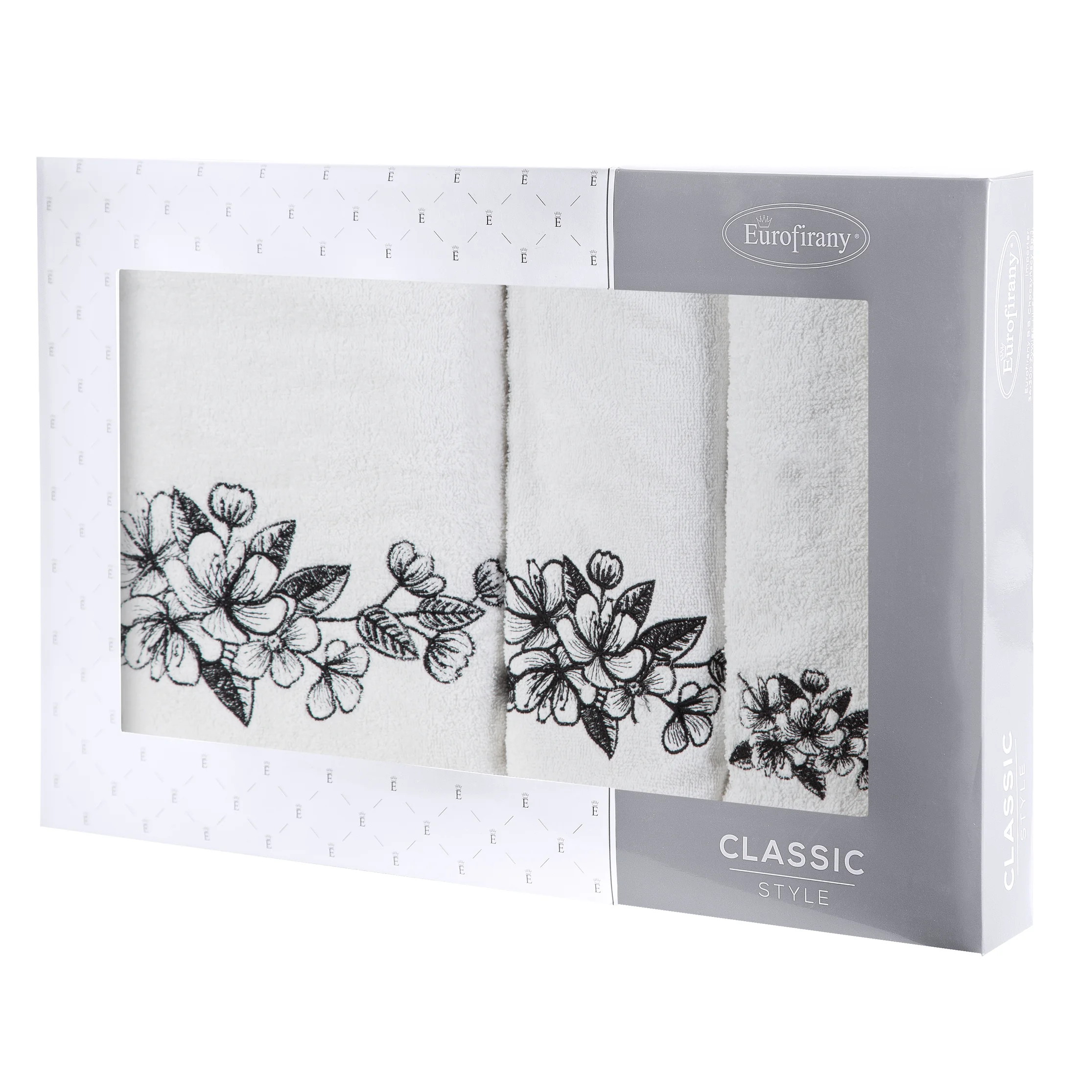 Zestaw ręczników bawełnianych na prezent 3 szt kolor biały,czarny z haftowanym motywem kwiatu wiśni 400 g/m2 SOFIA