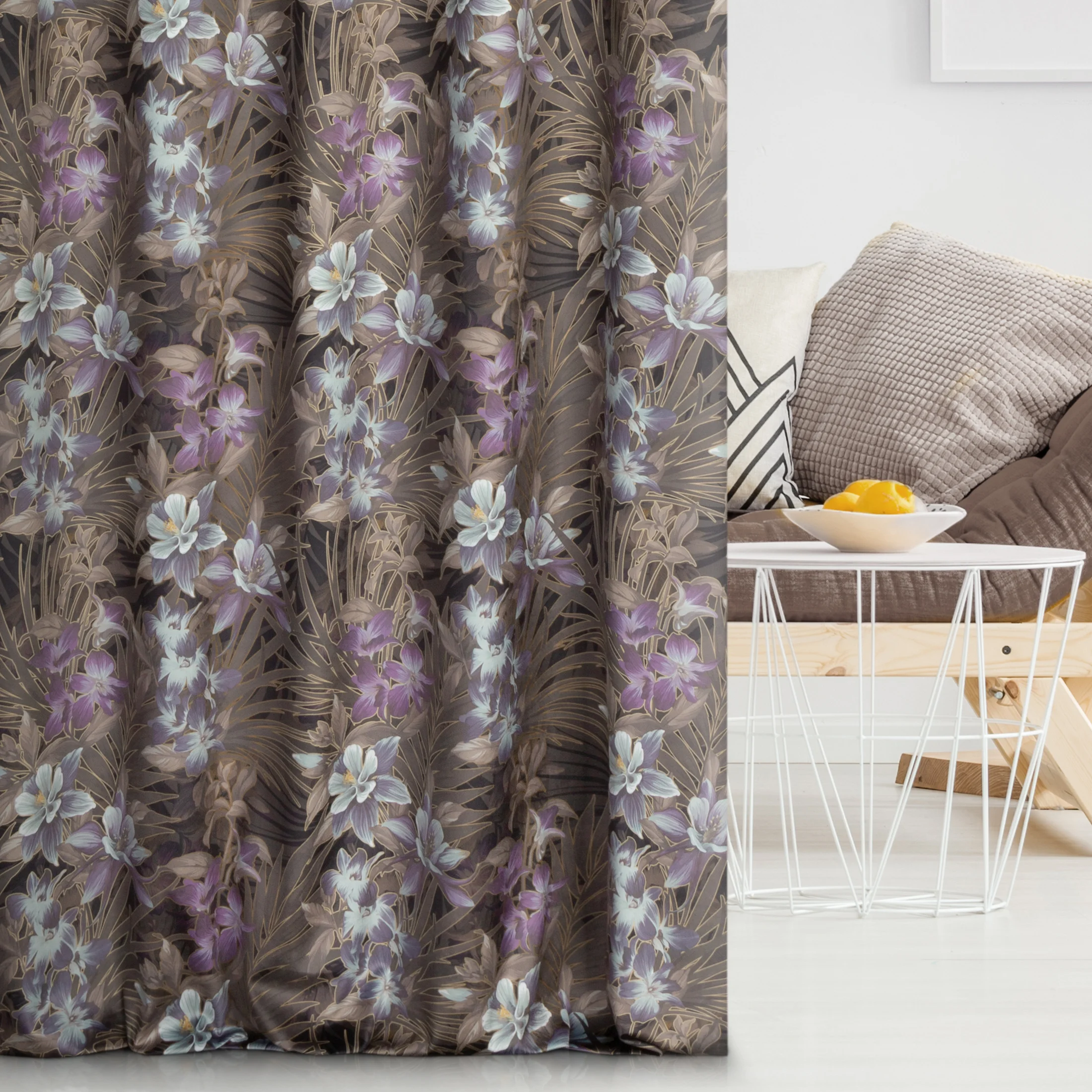 Tkanina zasłonowa miękka, welwetowa, z nowoczesnym nadrukiem kwiatów