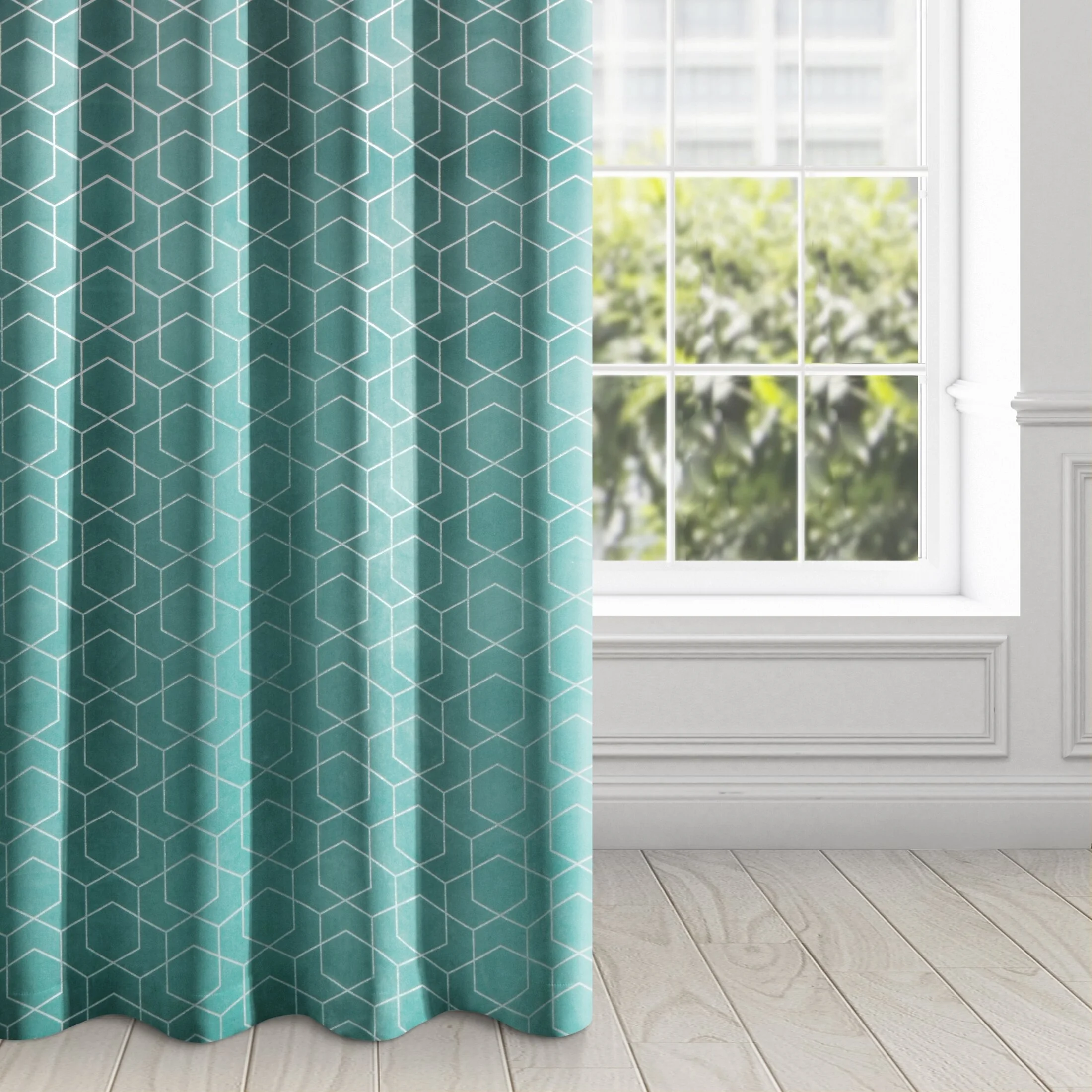 Zasłona welwetowa turkusowa ze srebrnym wzorem 135x250 cm przelotka - MANDI | eurofirany