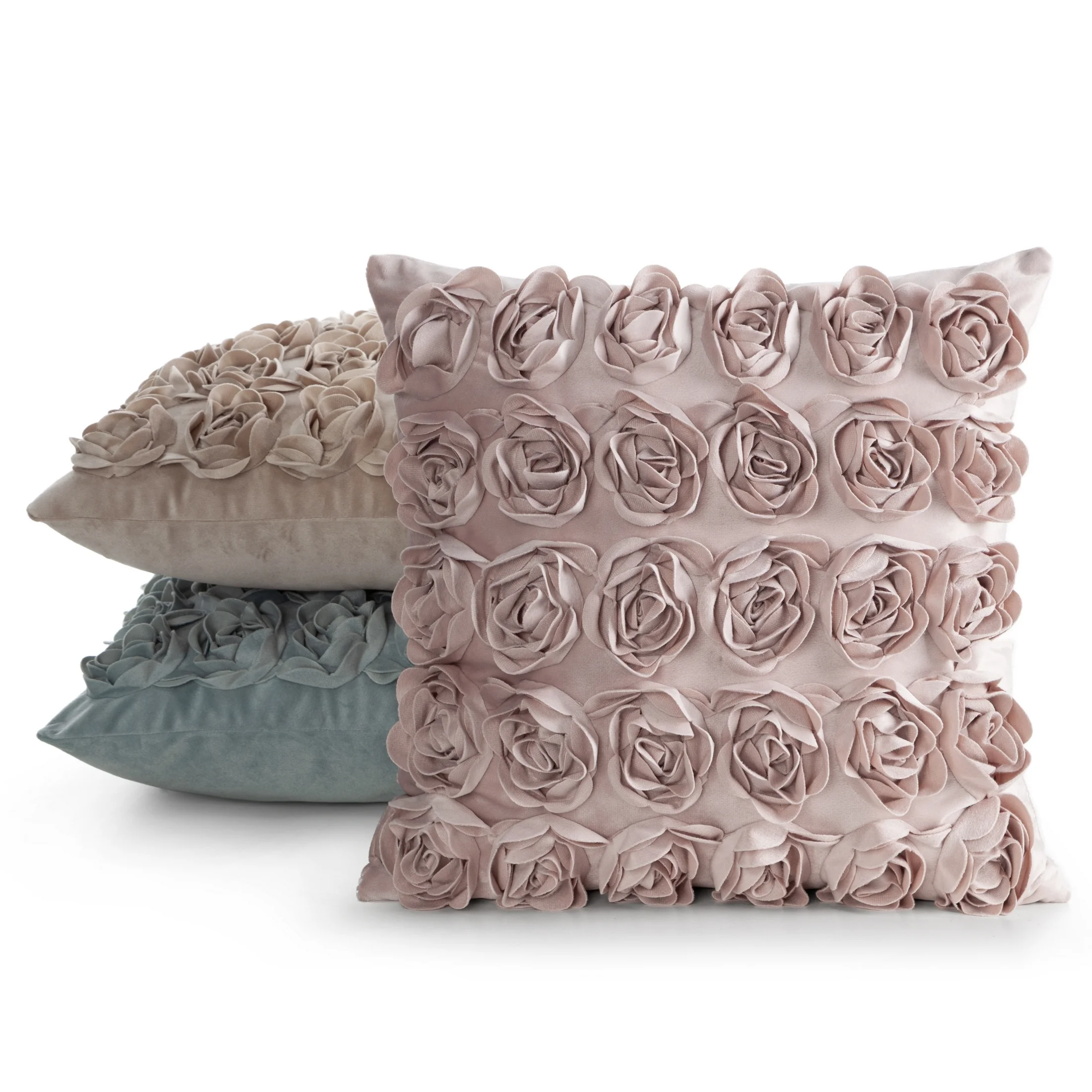 Poszewka na poduszkę 45 x 45 cm z welwetu kolor beżowy zdobiona 3D aplikacją róż ROSES Eva Minge