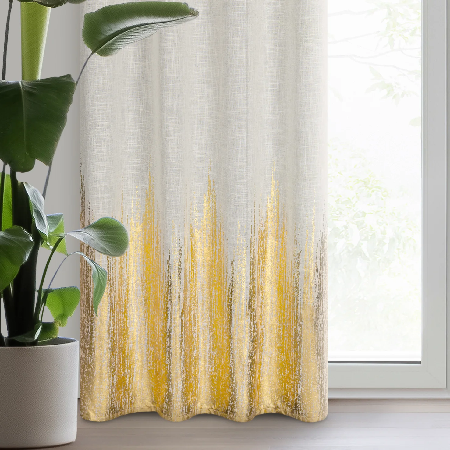 Zasłona naturalno, złocista zdobiona błyszczącym nadrukiem z dodatkiem lnu 135x250 cm przelotka - IMANI | eurofirany