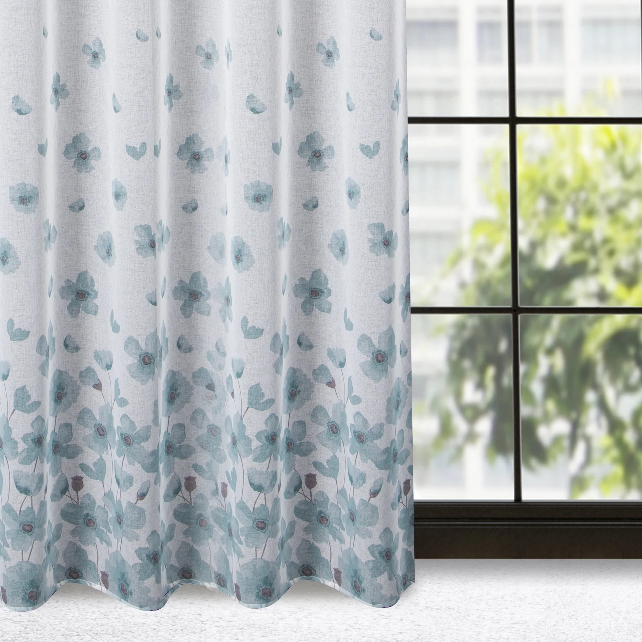 Dekoracja okienna biało, turkusowa z lekkiej etaminy z pastelowym nadrukiem kwiatów 140x250 cm przelotka - ANDREA | eurofirany