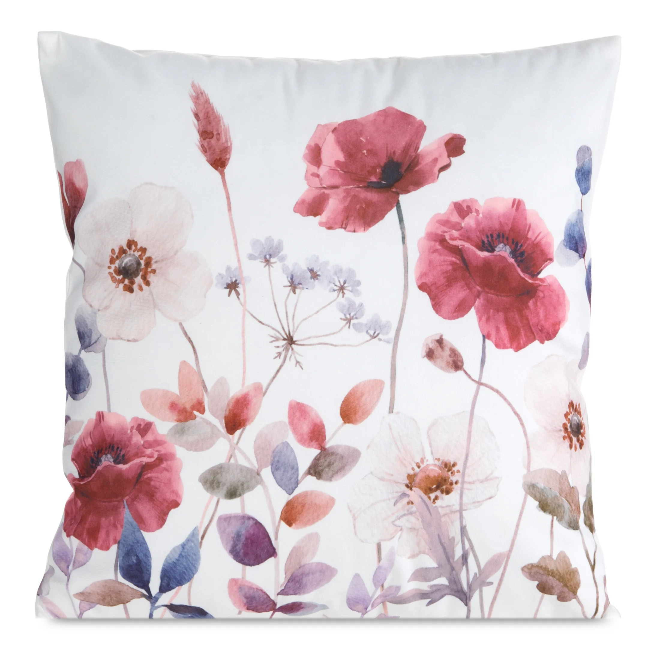 Poszewka na poduszkę 45x45 cm welwetowa biało, czerwona zdobiona nadrukiem letnich kwiatów MINK | eurofirany