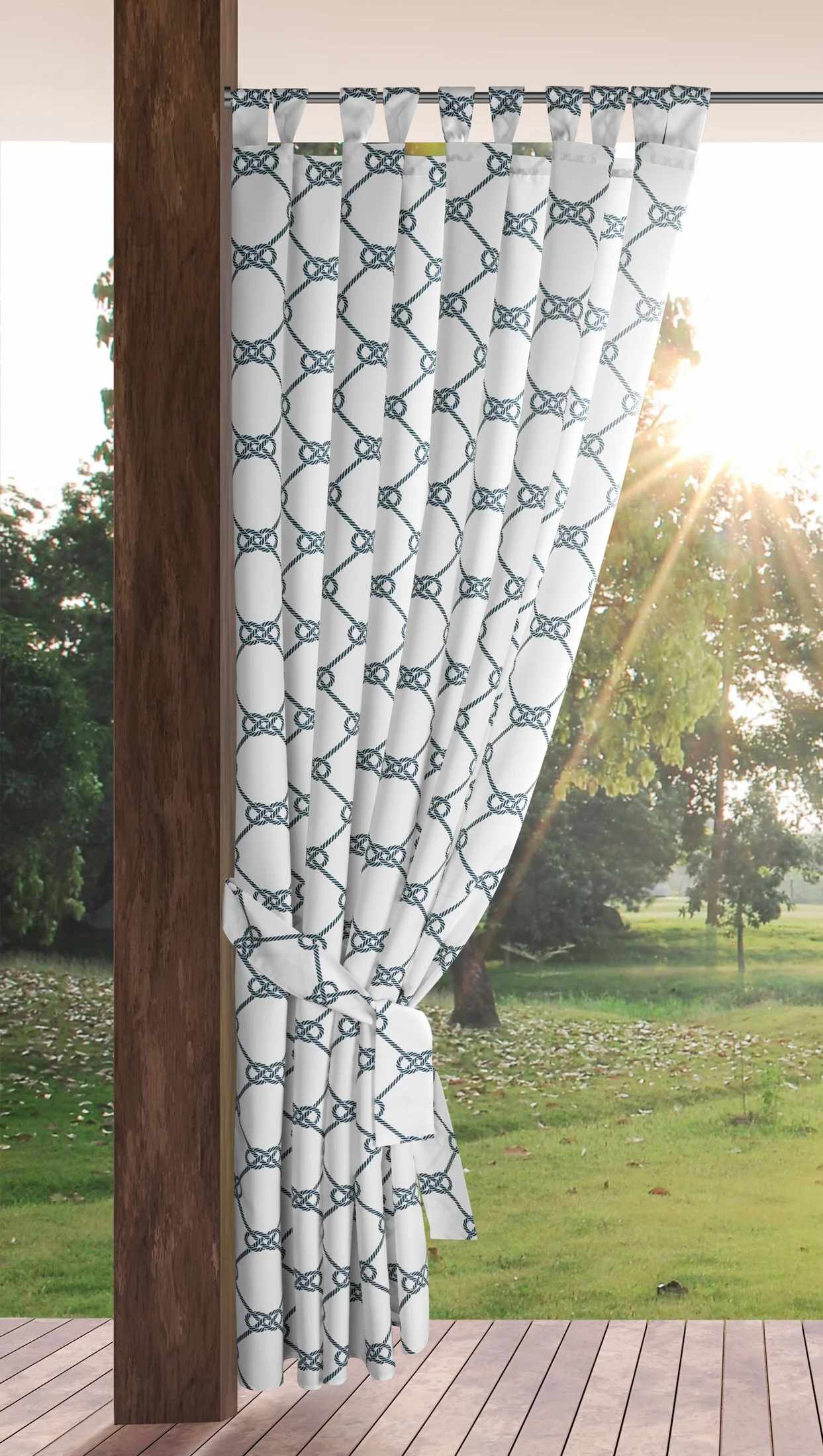 Zasłona biało, granatowa z wodoodpornej tkaniny idealna do ogrodu i na taras 155x240 cm szelki/rzep - GARDEN