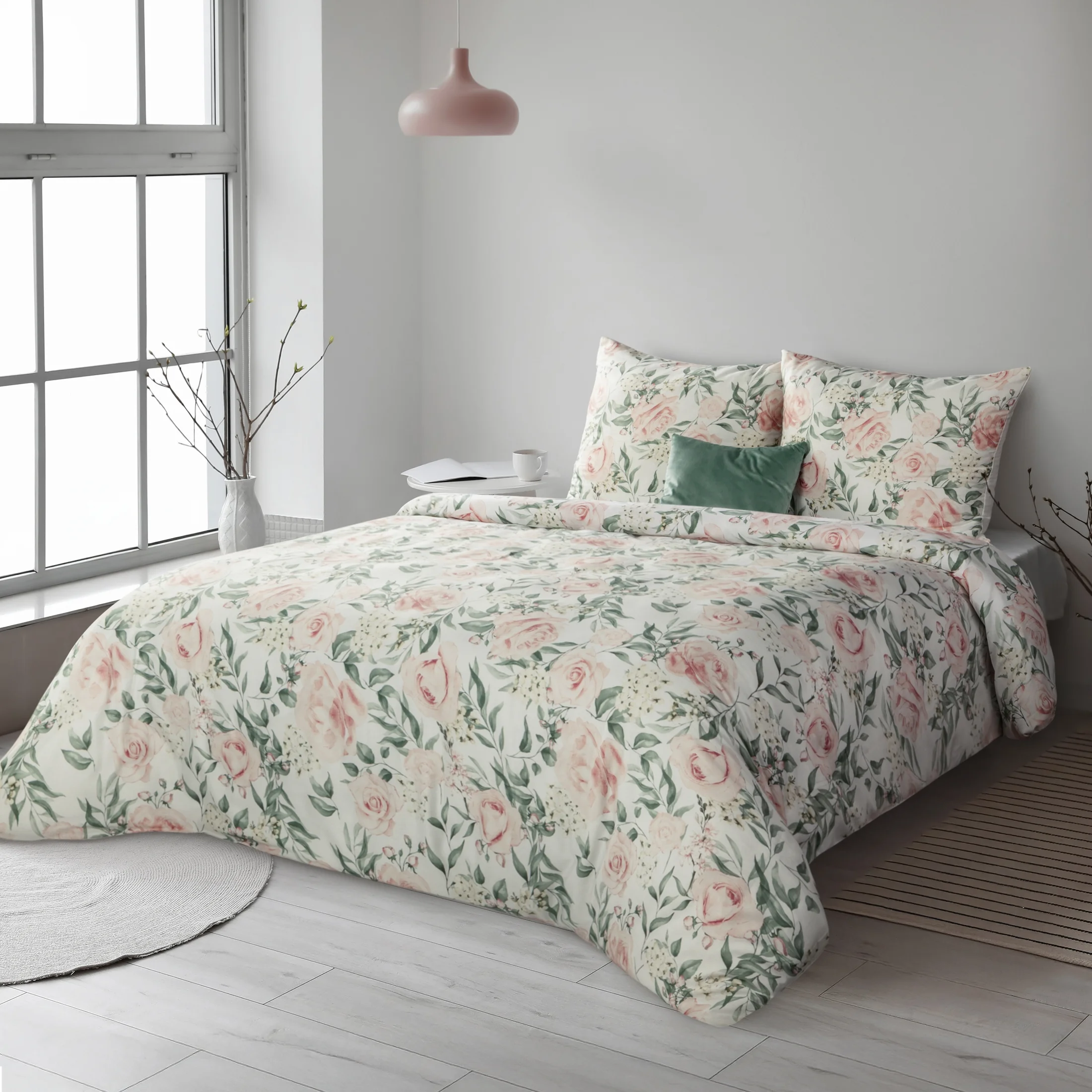Pościel 220x200 cm bawełniana kolor biały. jasnoróżowy z wzorem kwiatowym w romantycznym stylu SPRING 13 | eurofirany
