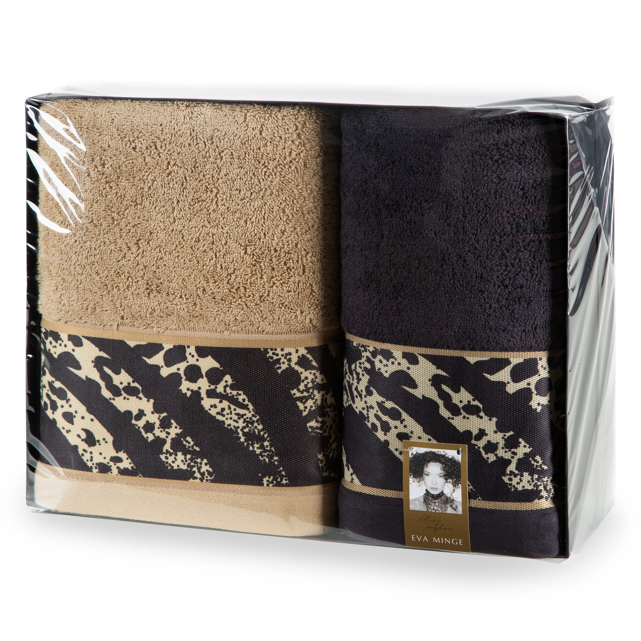 Zestaw ręczników bawełnianych na prezent 2 szt 70x140 cm kolor beżowy, czarny z kolekcji Eva Minge