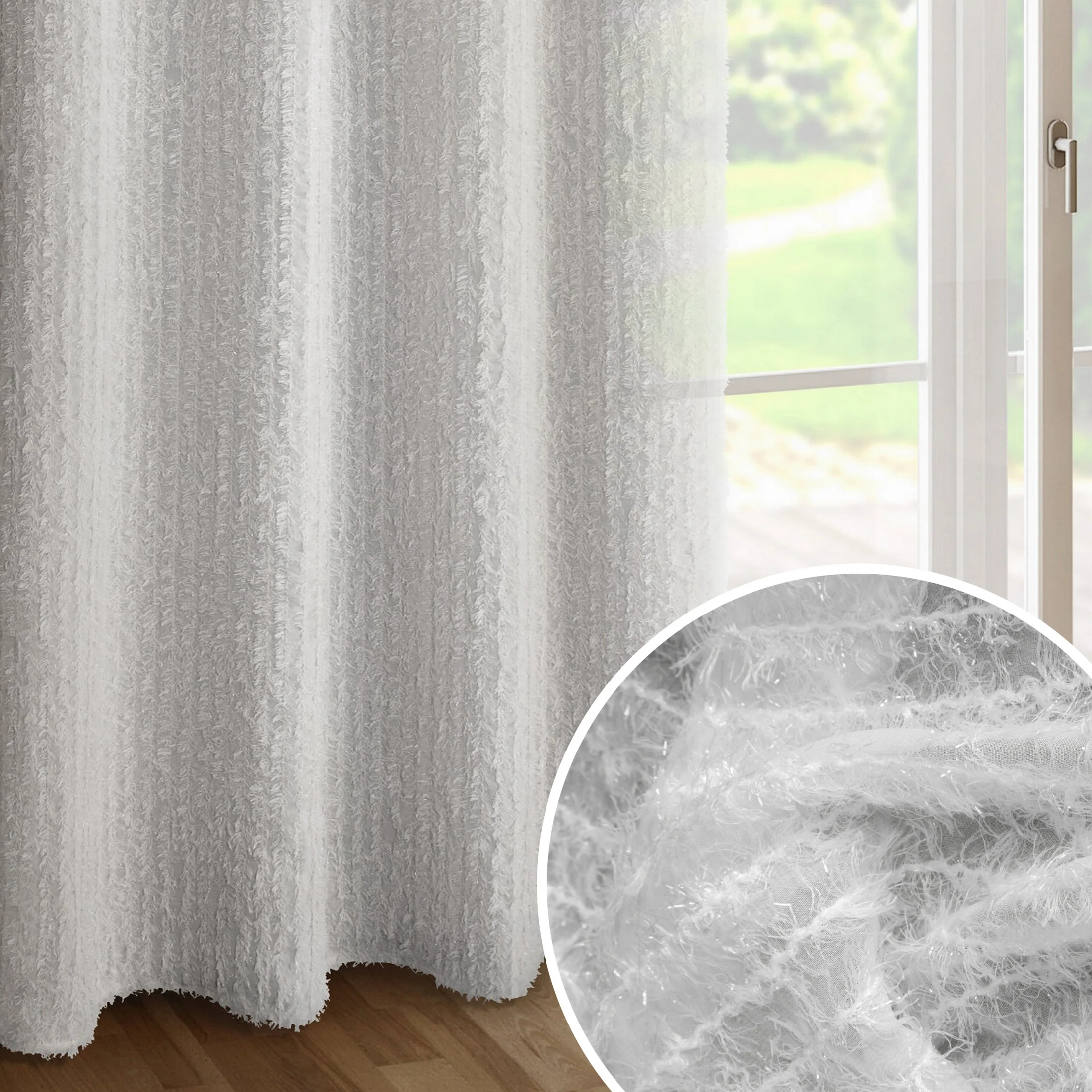 Zasłona biała zdobiona moherową nicią z tkaniny szyfonowej 135x250 cm przelotka - SELMA - Eva Mingę | eurofirany