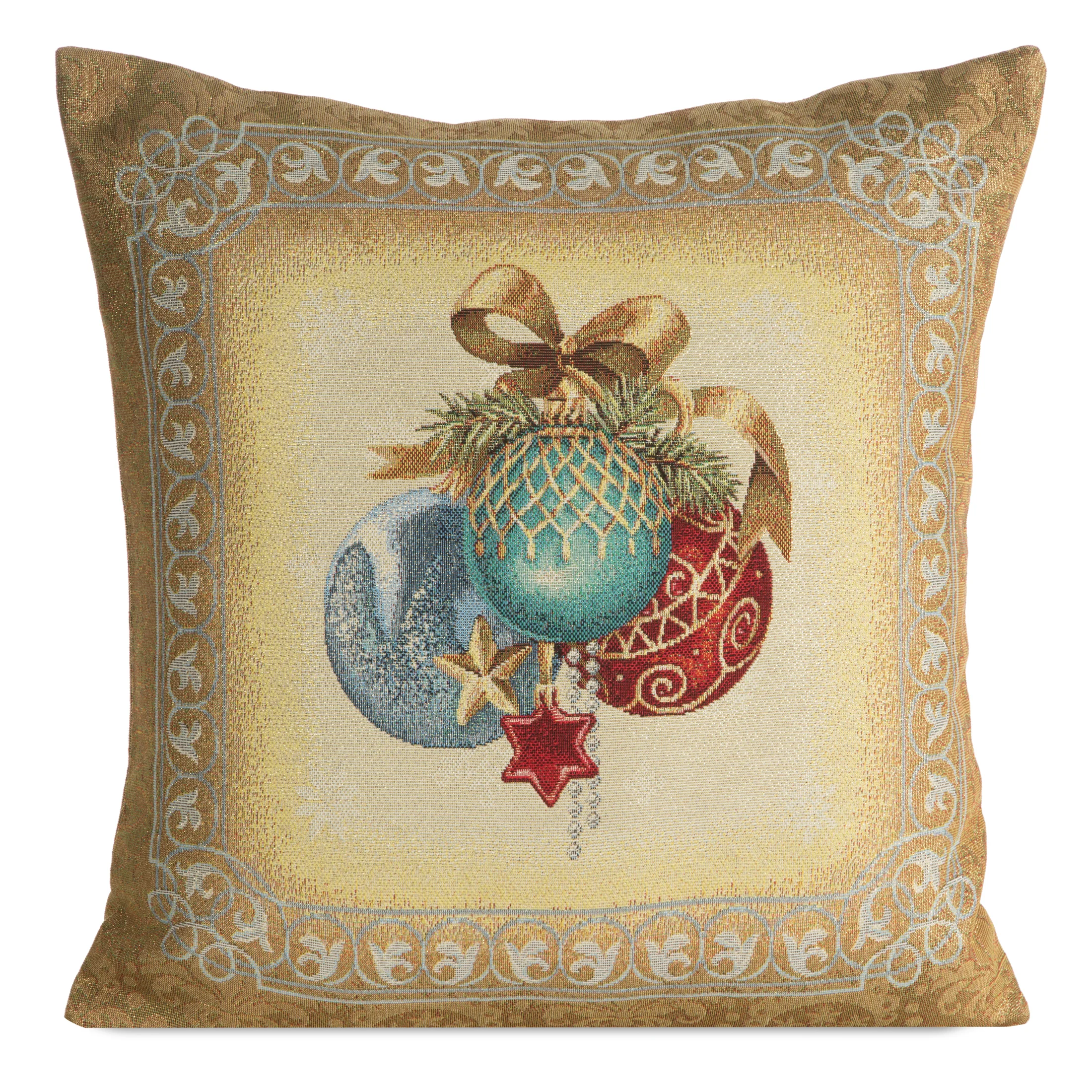 Poszewka na poduszkę świąteczna 45x45 cm bawełniana, gobelinowa złoto, błękitna z motywem bombek GOB | eurofirany