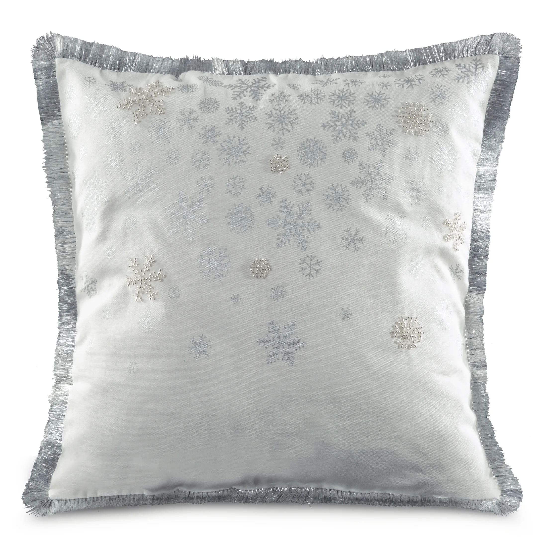 Poszewka na poduszkę 45x45 cm biało, srebrna wykończona ozdobnymi frędzlami | 