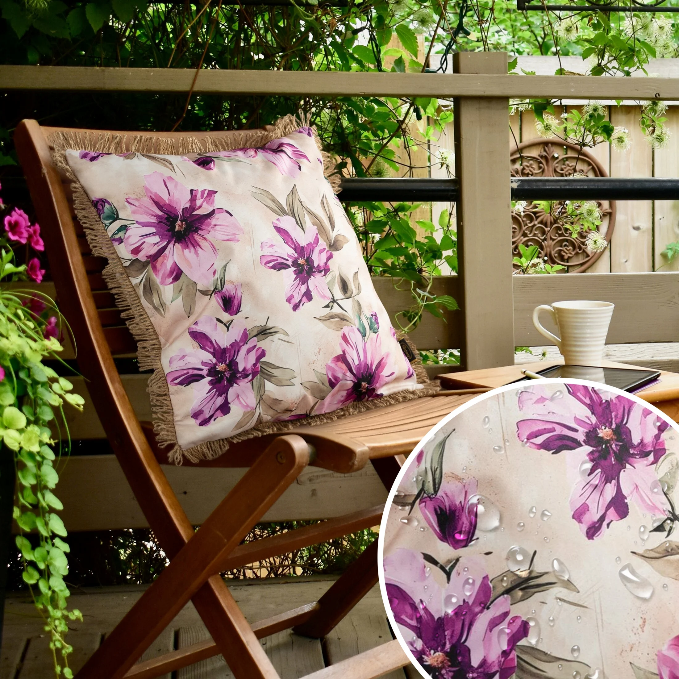 Poszewka na poduszkę 45x45 cm z tkaniny wodoodpornej kremowo, różowa idealna na taras oraz balkon zdobiona nadrukiem kwiatów i frędzli GARDEN | eurofirany