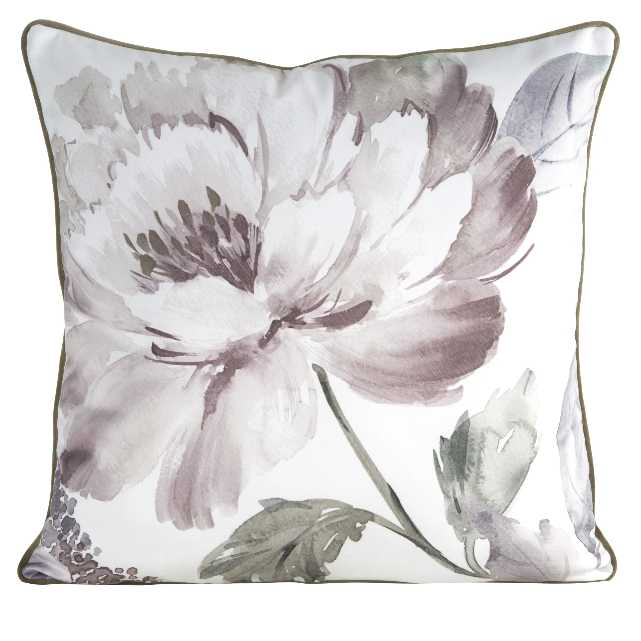 Poszewka na poduszkę 60x60 cm welwetowa, biało zielona z motywem roślinnym z wypustką na brzegach ROSALIA Eurofirany Premium | eurofirany