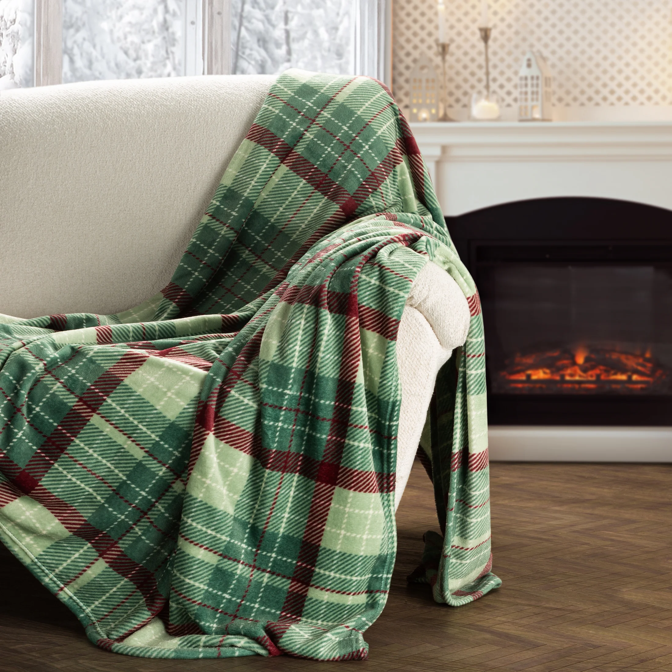 Koc świąteczny 150x200 cm zielono, brązowy zdobiony motywem kraty | eurofirany