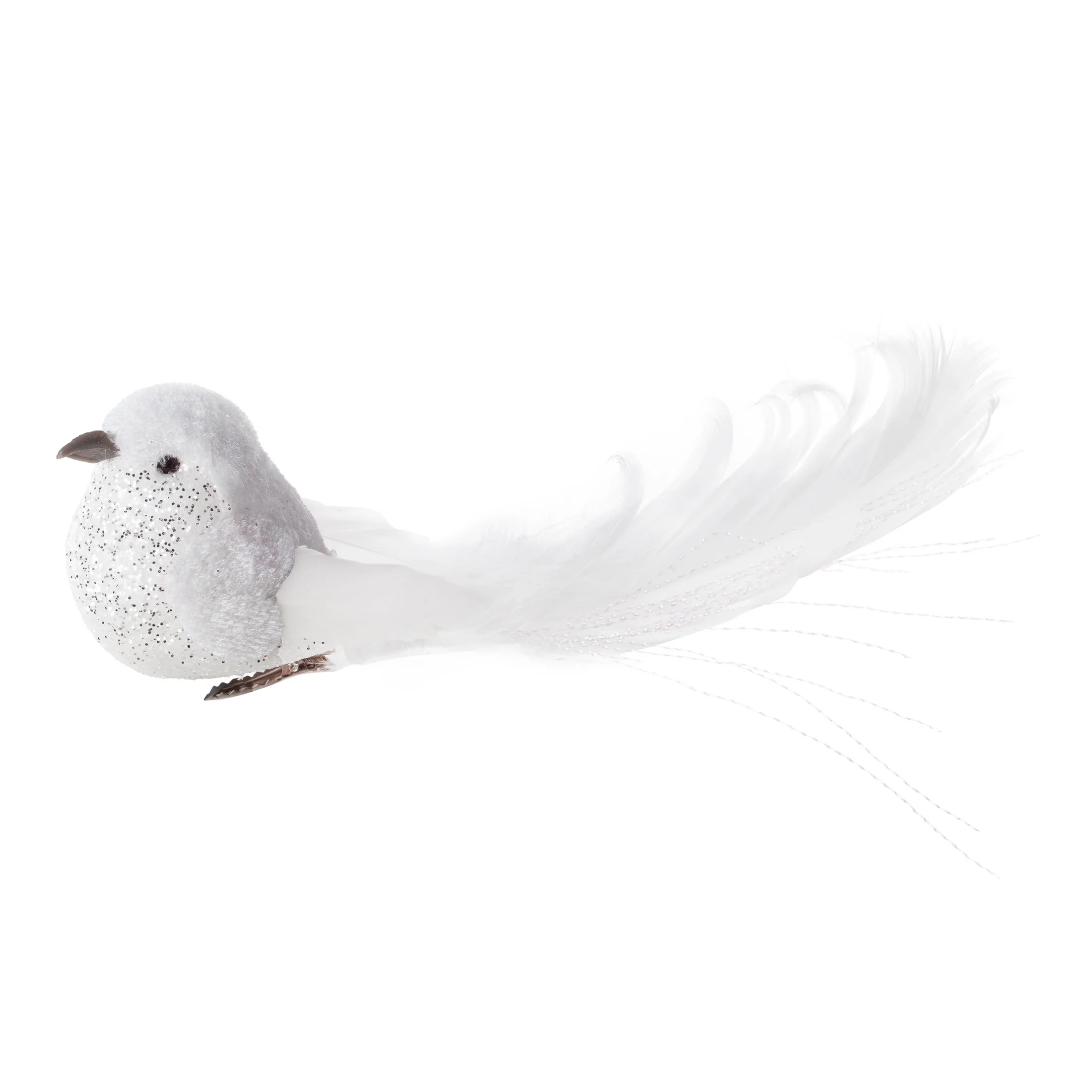 Ozdoba choinkowa PTAK z lśniącego miękkiego materiału z piórami, na klipsie | eurofirany