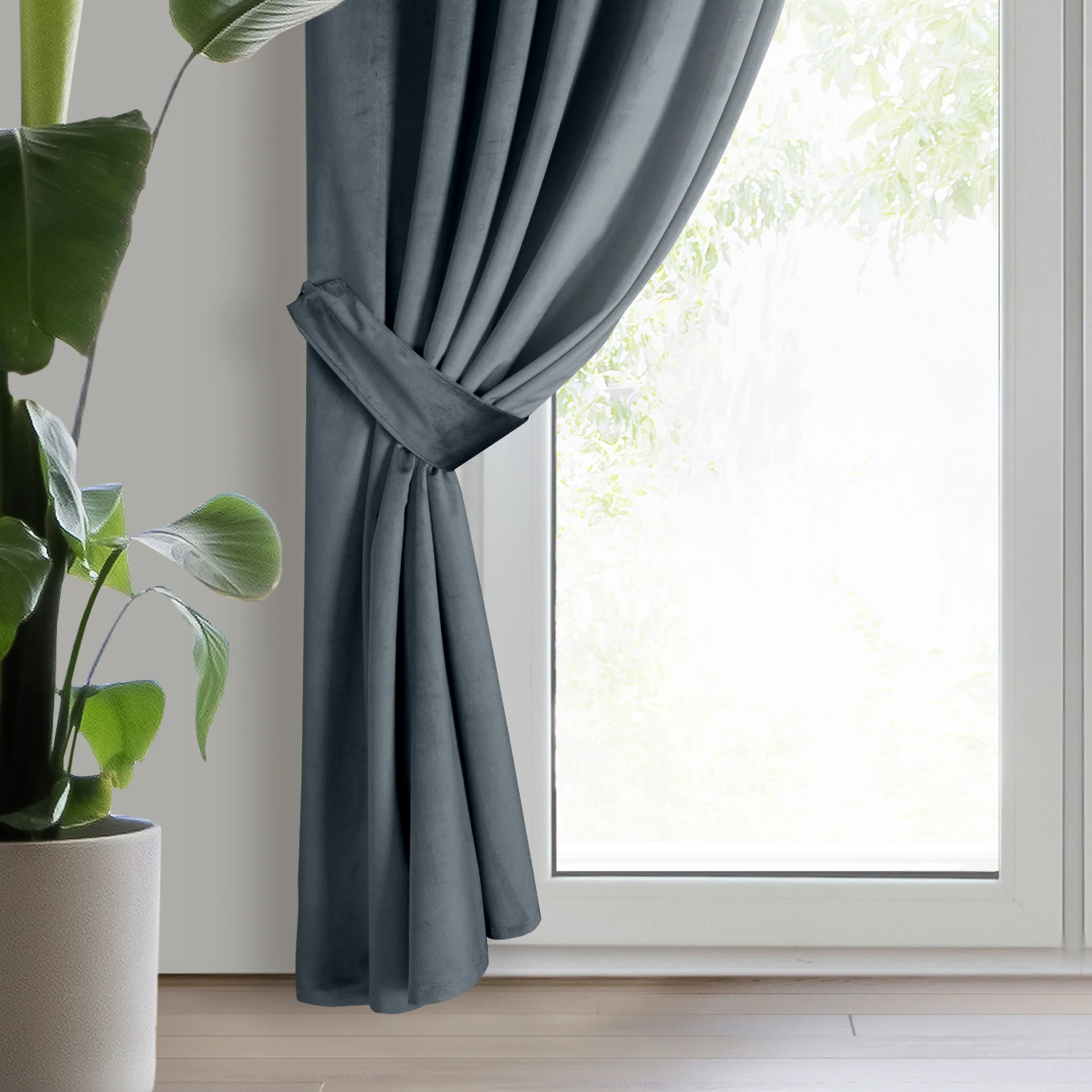 Zasłona welwetowa grafitowa, troczek w zestawie140x300 cm taśma - ANTARA | eurofirany
