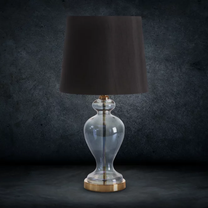 Lampa stołowa nocna czarno, złota na podstawie z przezroczystego szkła z abażurem z matowej tkaniny 21x48 cm EMILIO