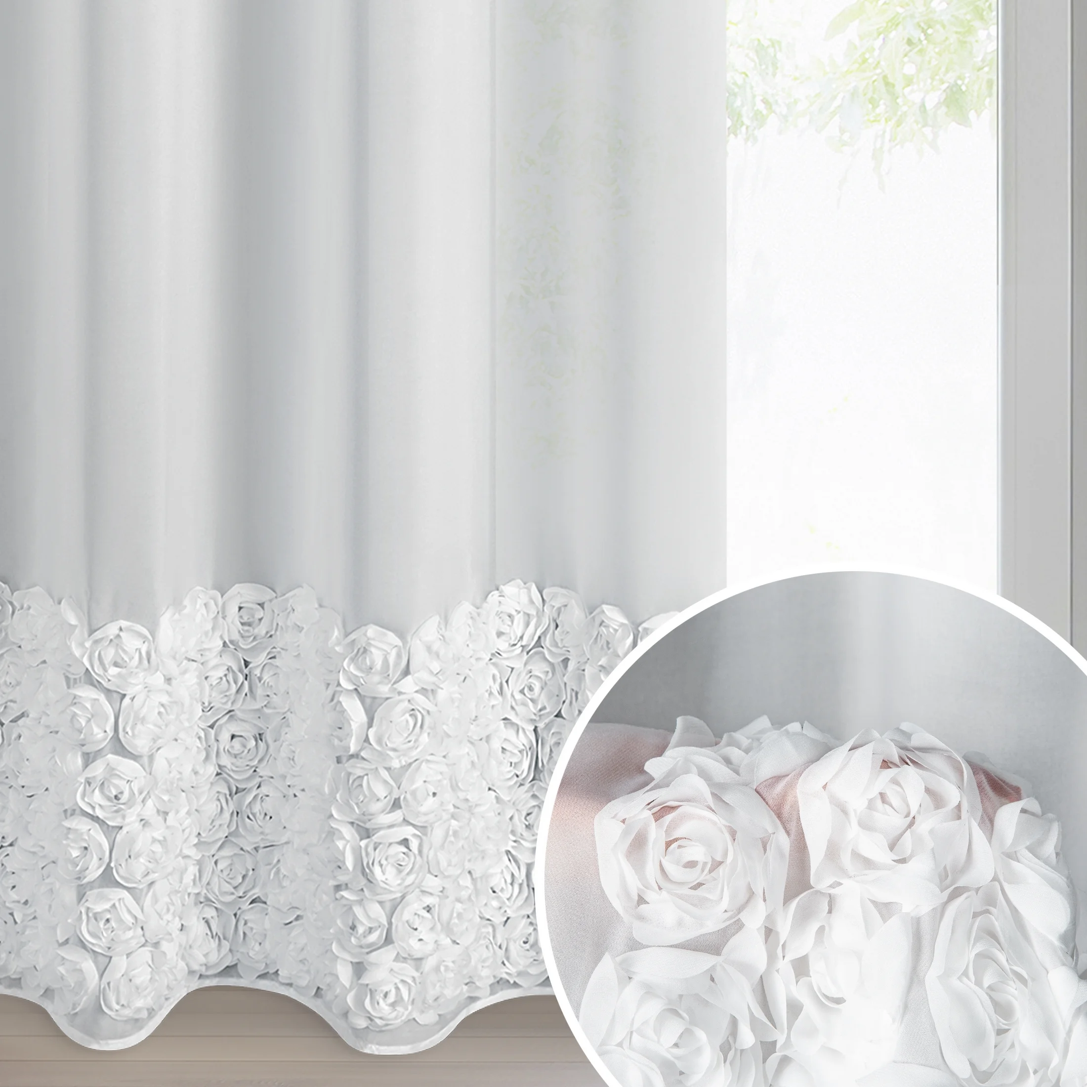 Firana biała z szyfonu zdobiona aplikacją 3D w róże 140x250 cm przelotka - ROSES - Eva Minge | eurofirany