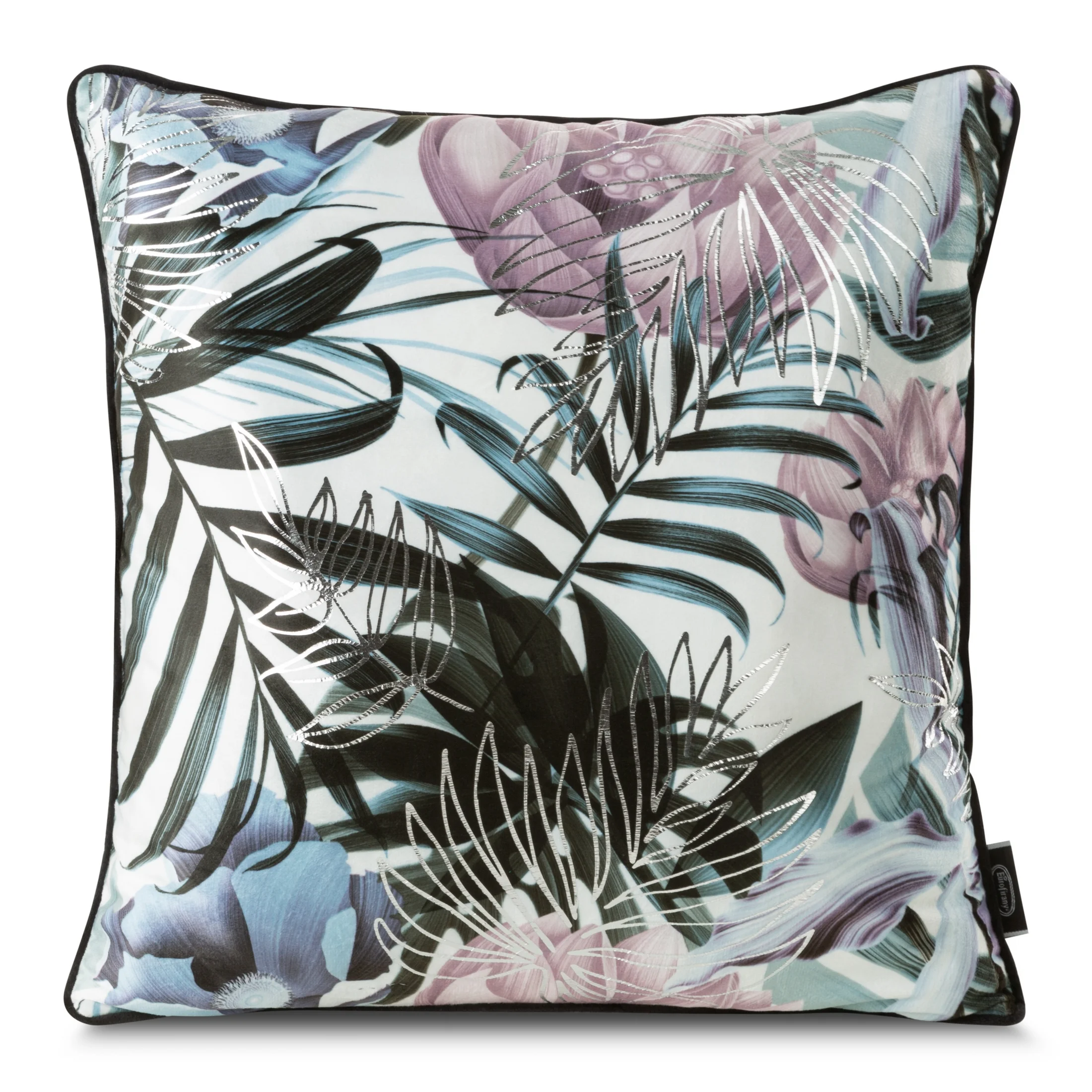 Poszewka na poduszkę 45x45 cm welwetowa biało, srebrna zdobiona wzorem w egzotyczne liście z wypustką na brzegach MALIBU | eurofirany