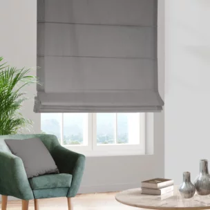 Roleta rzymska szara z tkaniny typu Blackout zaciemniającej w 100%