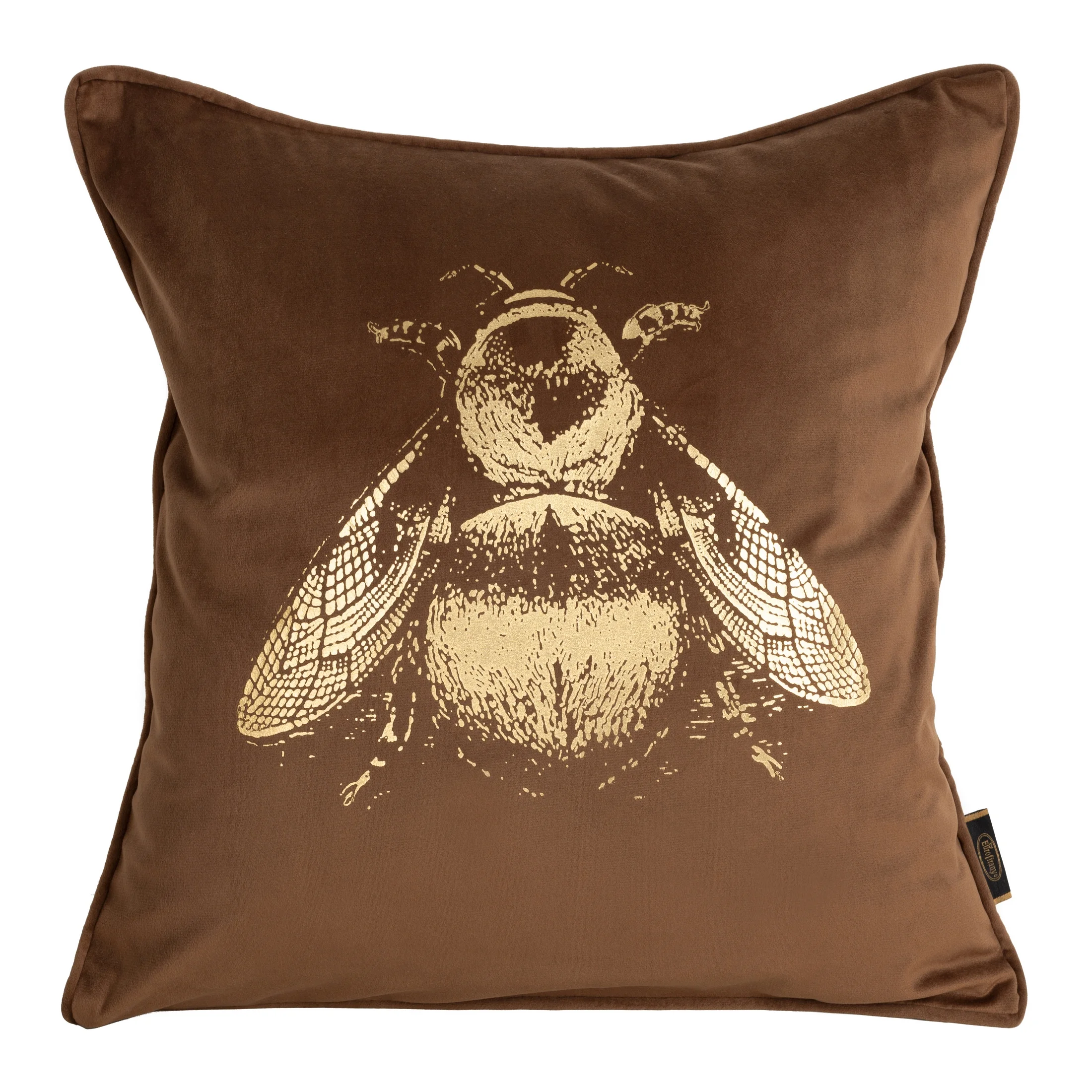 Poszewka na poduszkę 45x45 cm welwetowa jasnobrązowa, dwustronna z nadrukiem złocistej pszczoły BLINK 41 | eurofirany