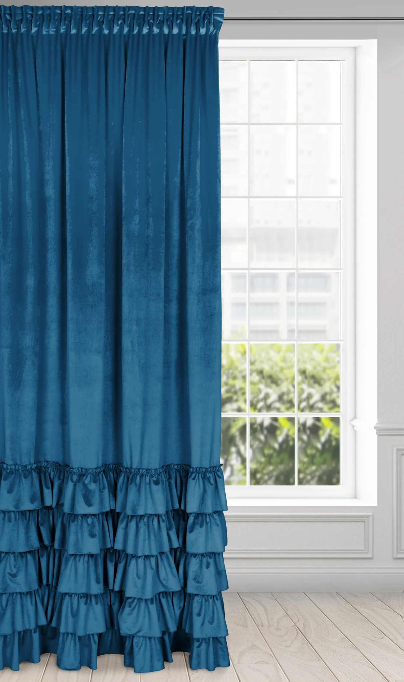 Zasłona welwetowa granatowa zdobiona falbanami 140x250 cm taśma - CHARLOTTE