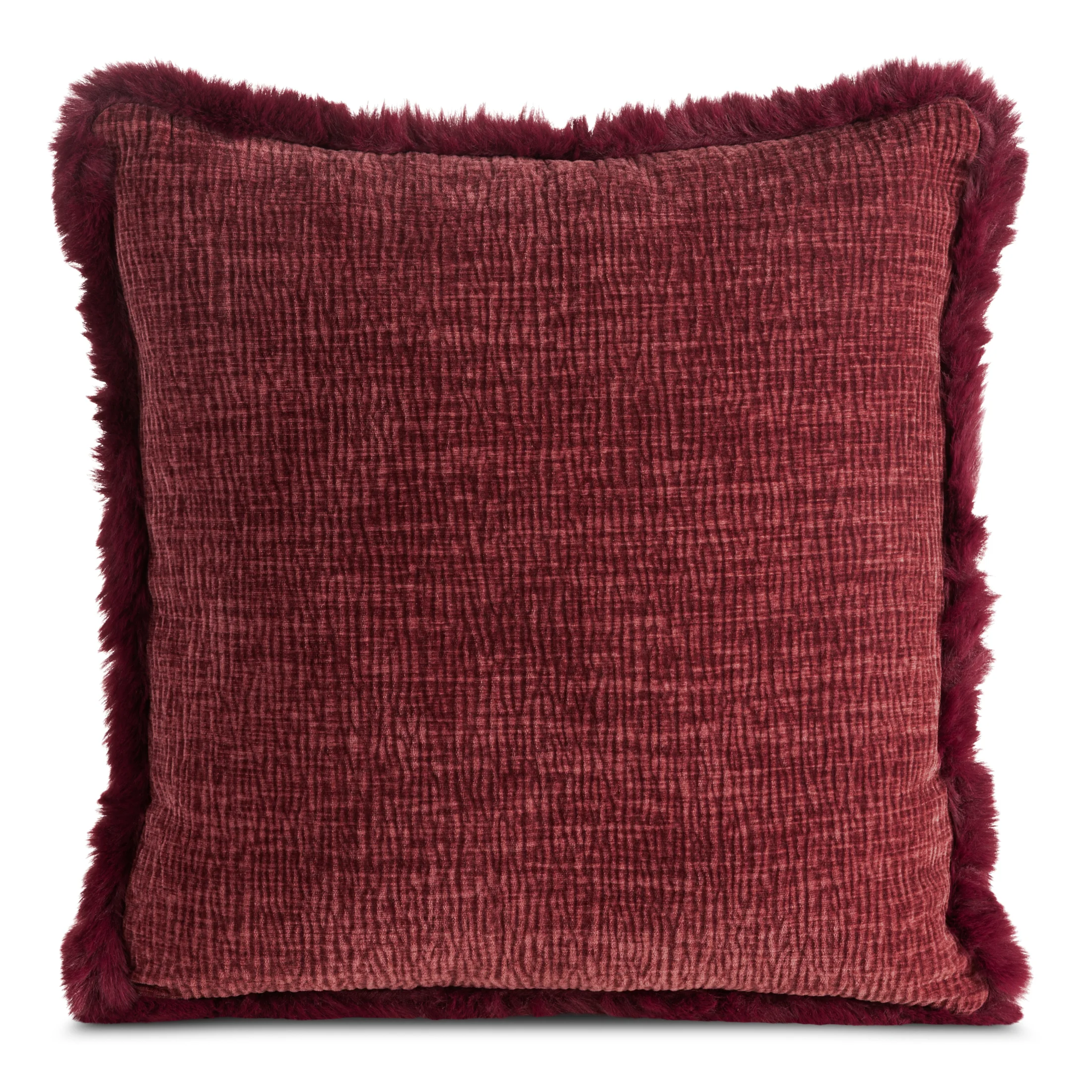 Poszewka na poduszkę 45x45 cm bordowa szenilowa zdobiona futerkiem na brzegach BLANCA 02 | eurofirany