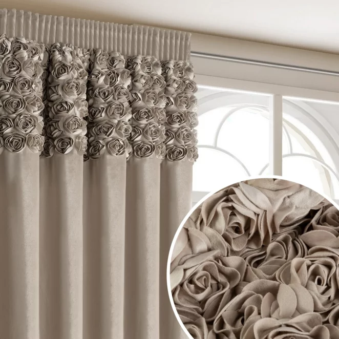 Zasłona ciemnobeżowa z welwetu zdobiona aplikacją 3D róż 140x270 cm taśma - ROSES Eva Minge