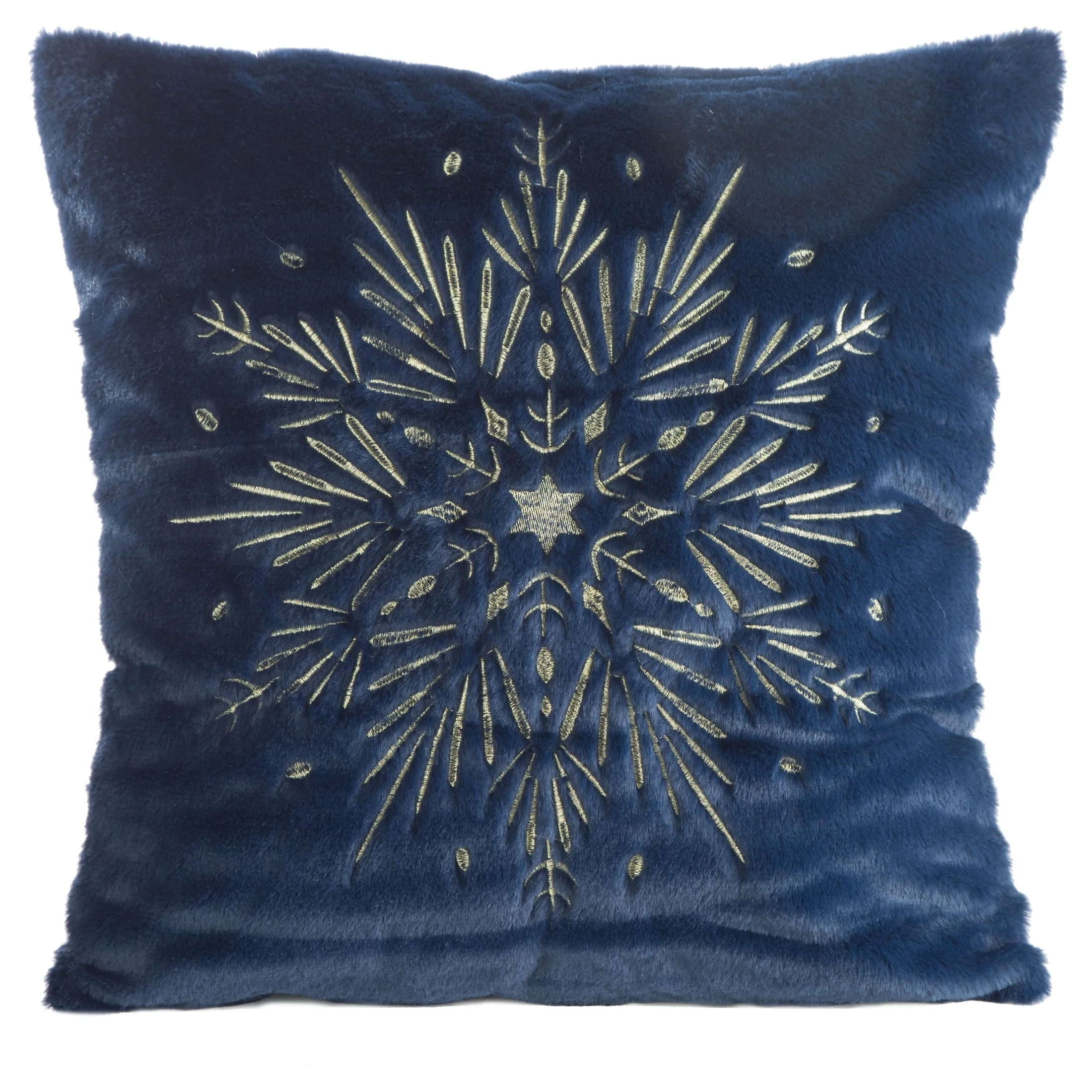 Poszewka na poduszkę 45x45 cm z przyjemnego futerka granatowo, złota zdobiona haftowaną śnieżynką |