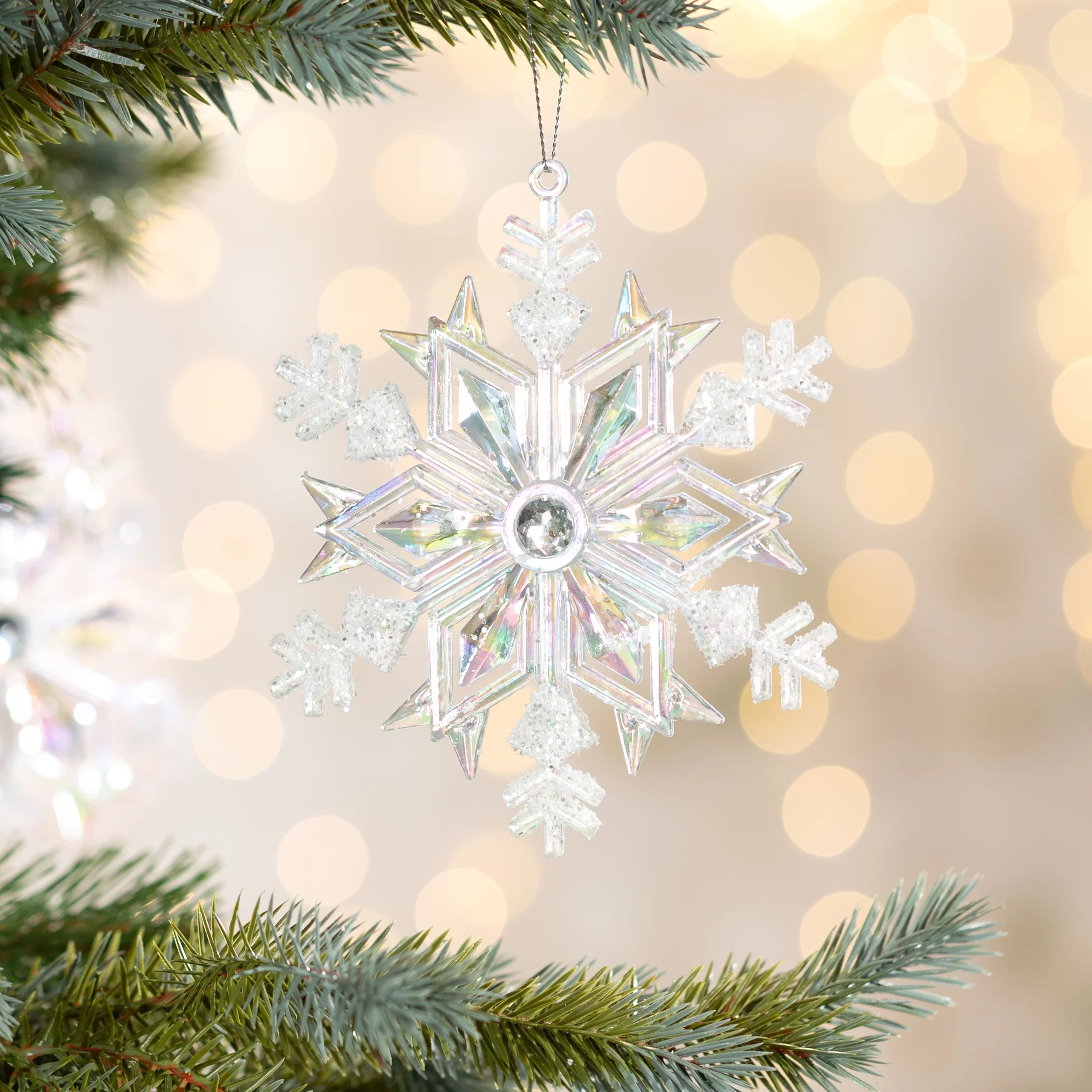 Ozdoba choinkowa akrylowa ŚNIEŻYNKA zdobiona brokatem | eurofirany