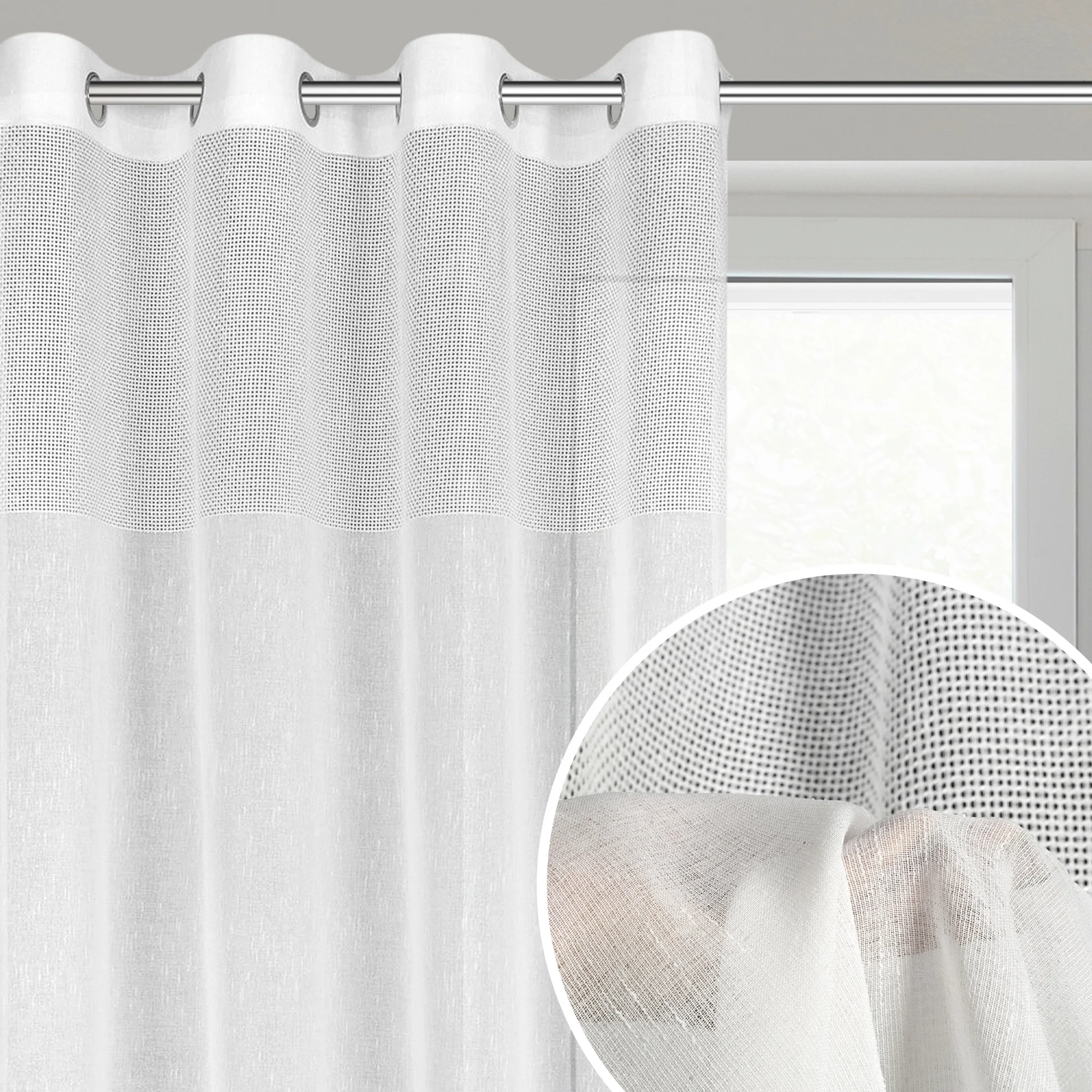 Firana biała w stylu eko z etaminy z ozdobnym ażurowym pasem 140x250 cm przelotka MARISA | eurofirany