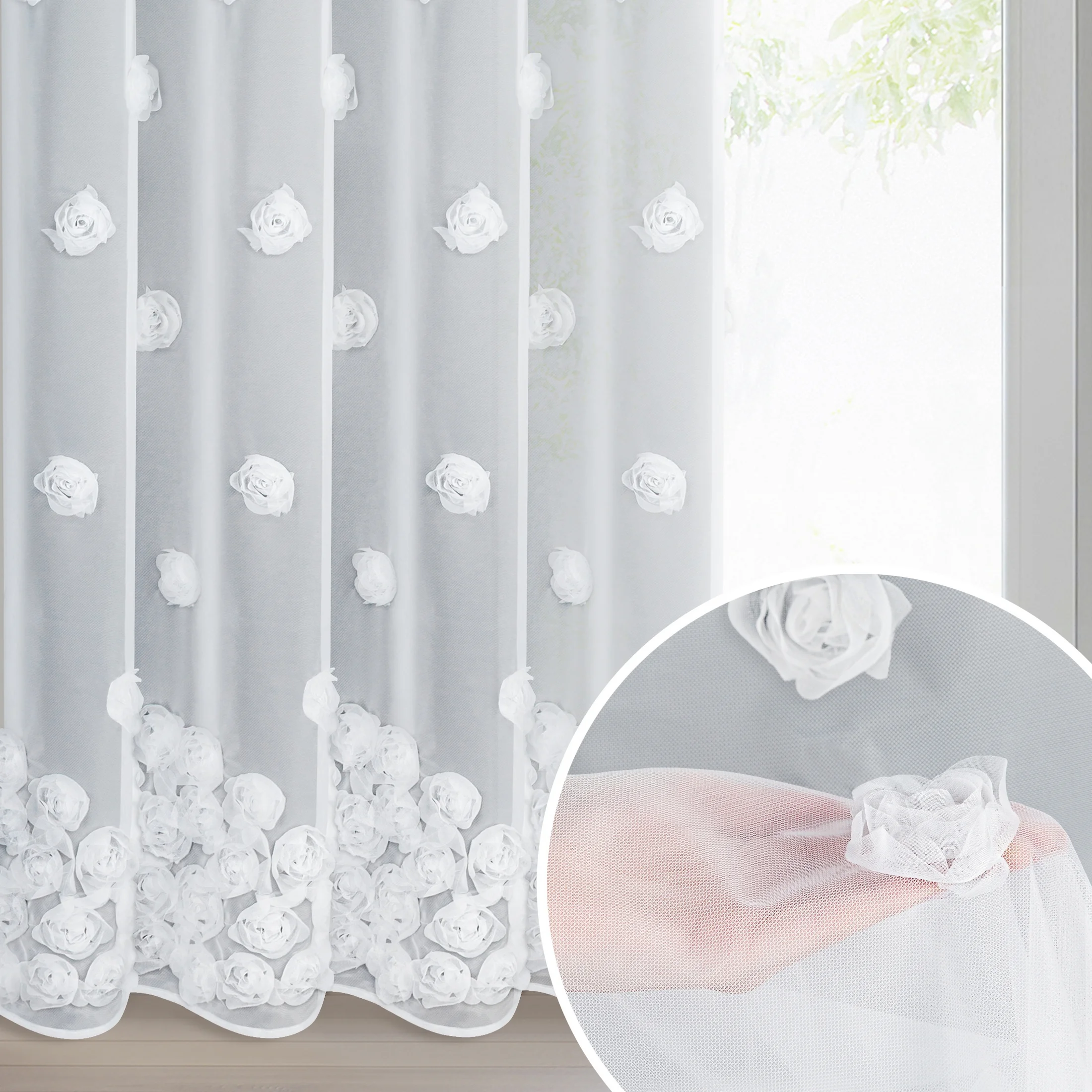Firana biała z siateczki zdobiona trójwymiarowymi różami 140x270 cm taśma - DIANA | eurofirany