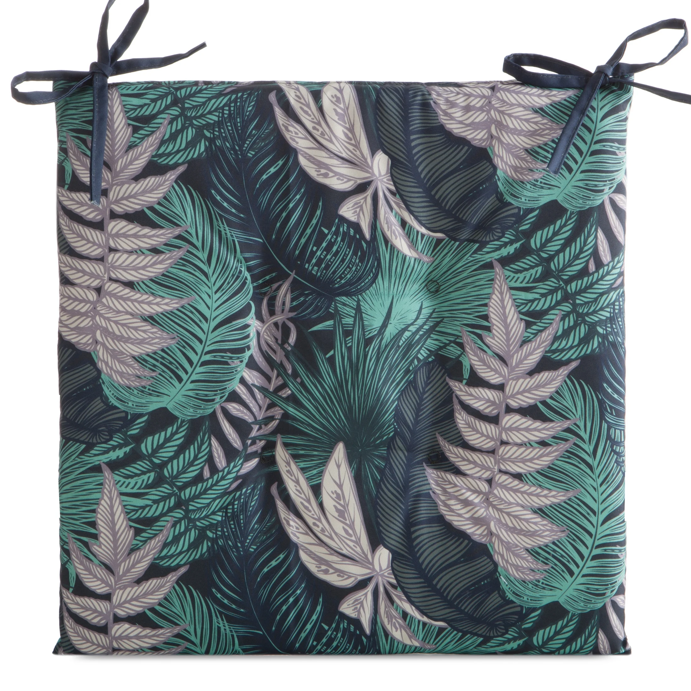 Poduszka na krzesło 43 x 43 x 4 cm wodoodporna granatowo, turkusowa zdobione motywem botanicznym GARDEN